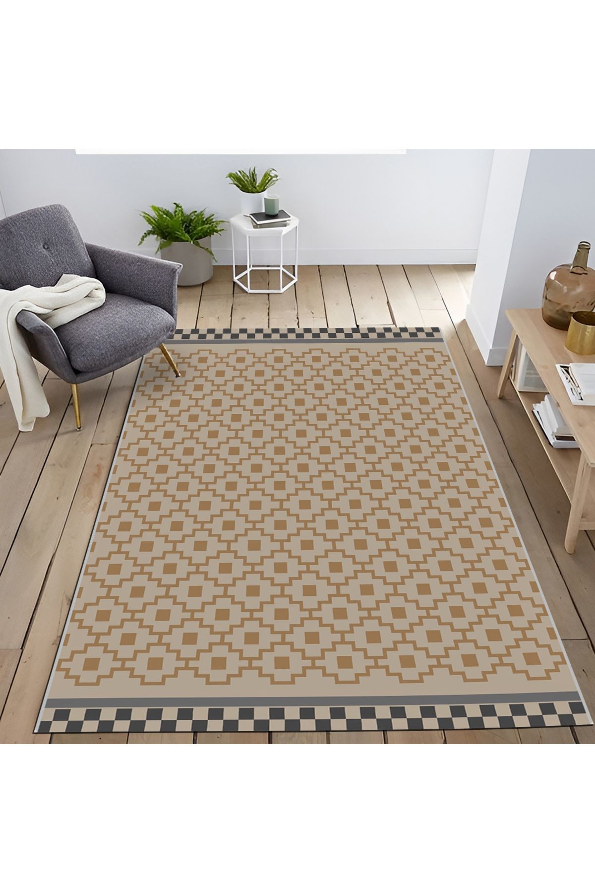 Mira Bej Renk Geometrik Desen Dekoratif Halı Mira 1496