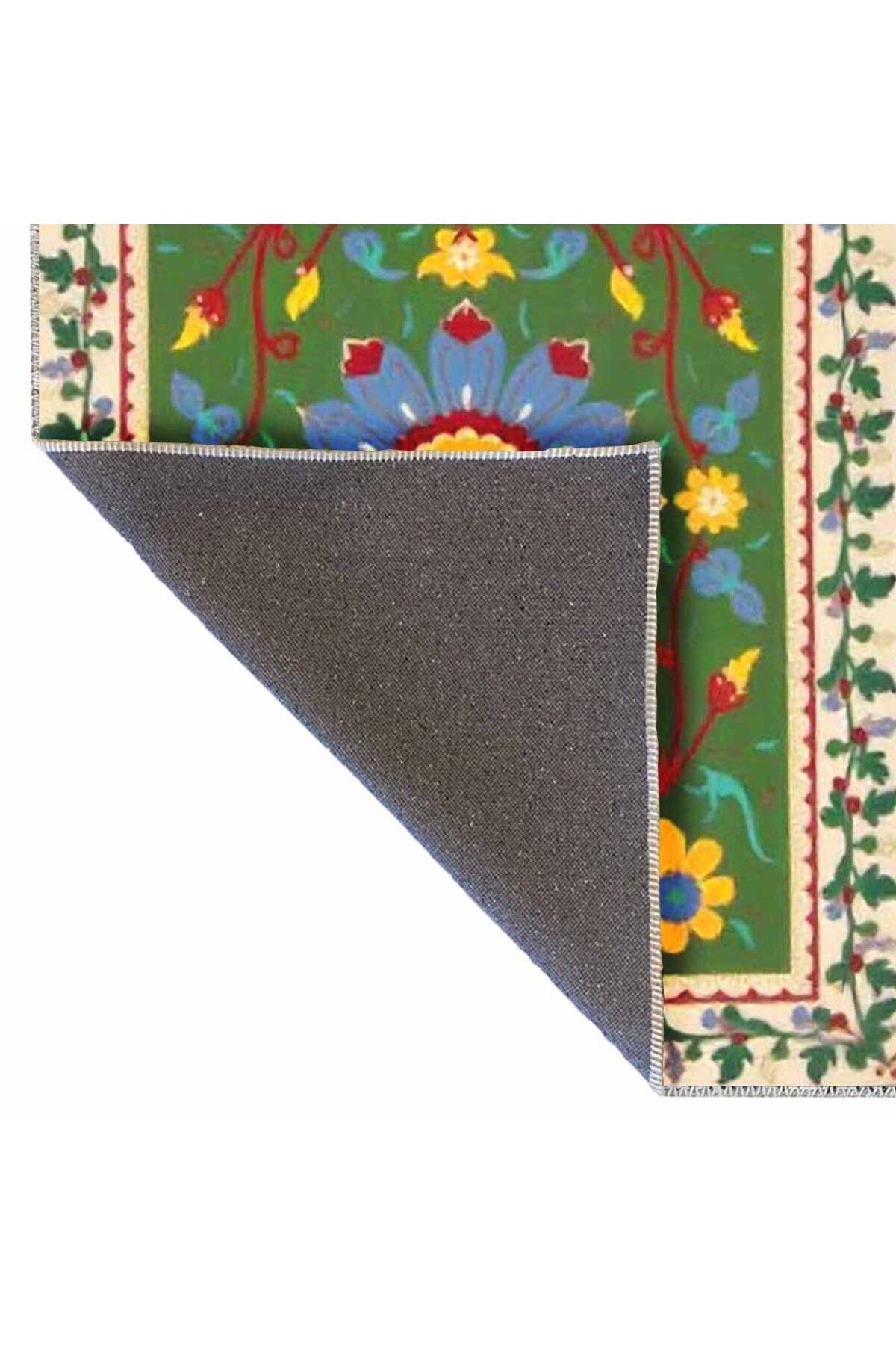 Haryana Koleksiyonu Yeşil Temalı Çiçek ve Karma Figür Desenli Dokuma Taban Modern Dekoratif Halı 19