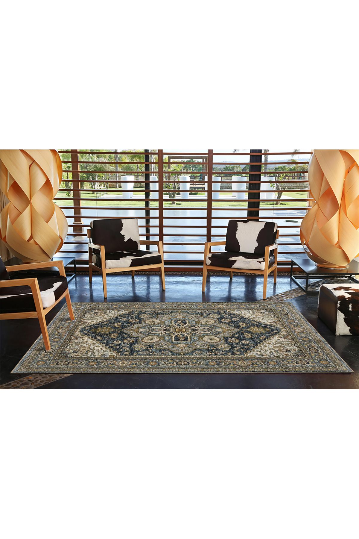 Lacivert Temalı Çok Renkli Geleneksel Motif Desenli Vintage Dekoratif Halı 4584