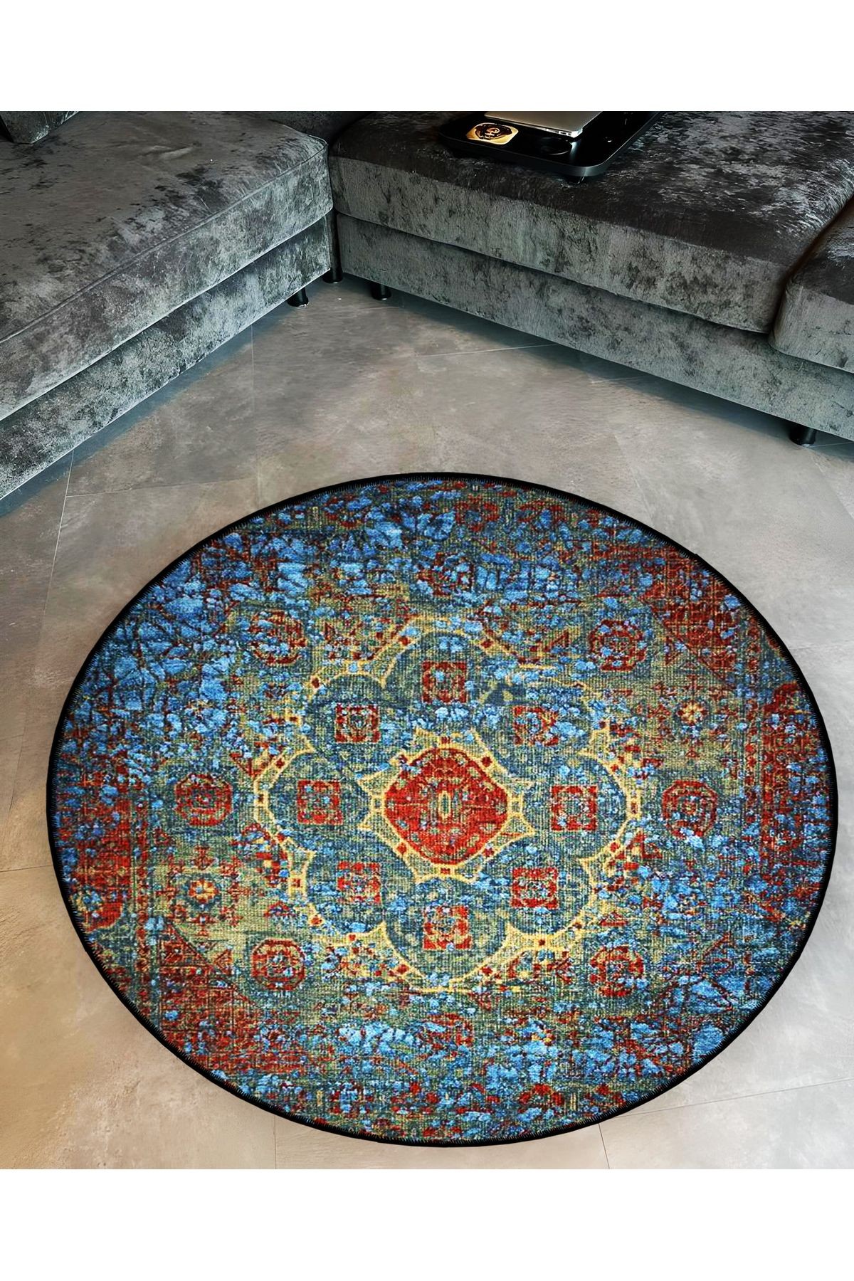 Çok Renkli Geleneksel Motif Desenli Yuvarlak Dokuma Taban Vintage Dekoratif Halı 6186