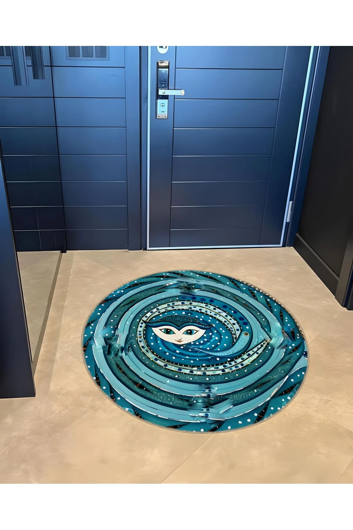 Shape Koleksiyonu Yuvarlak Mavi Yüz Detaylı Desenli Dokuma Taban Halı Shape68