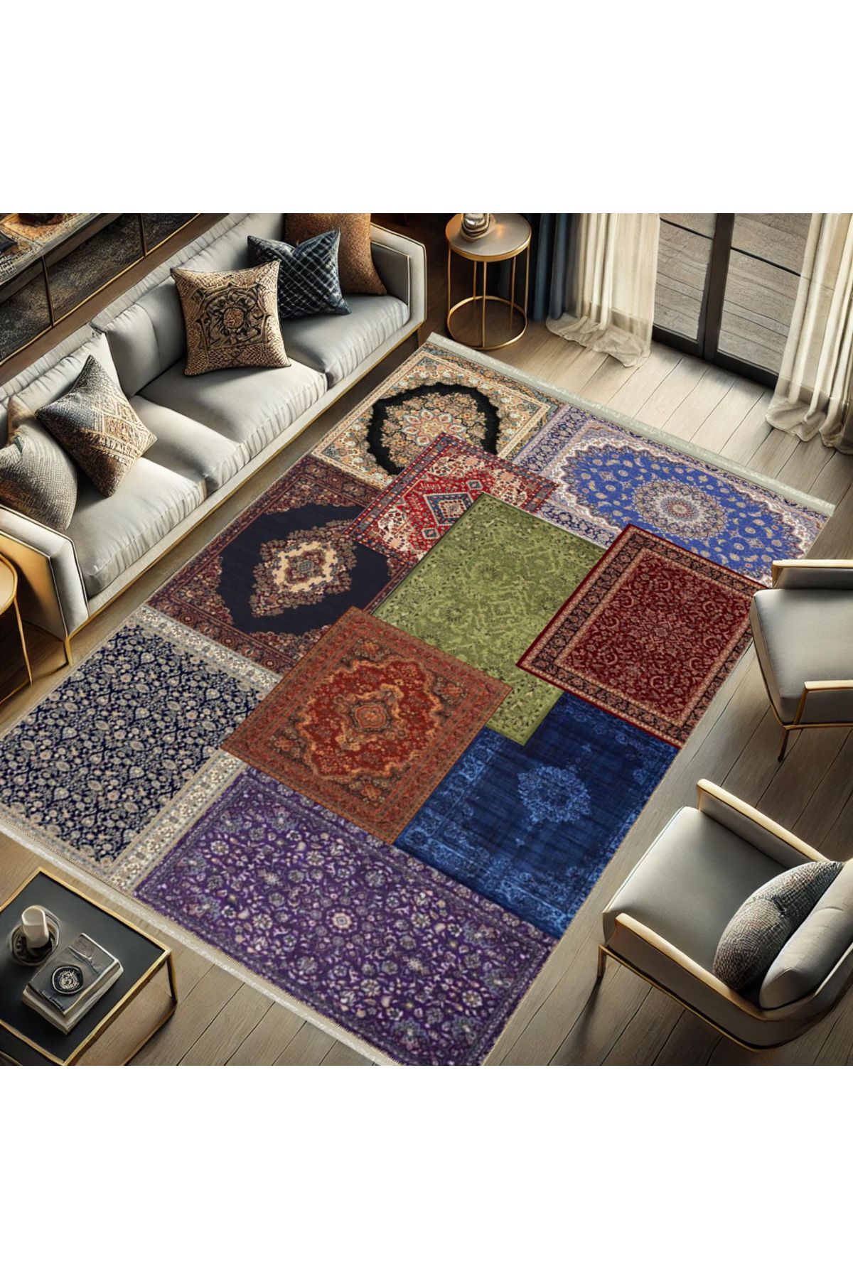 Kuvars Koleksiyonu Çok Renkli Etnik Vintage Desenli Dokuma Taban Geleneksel Dekoratif Halı 04