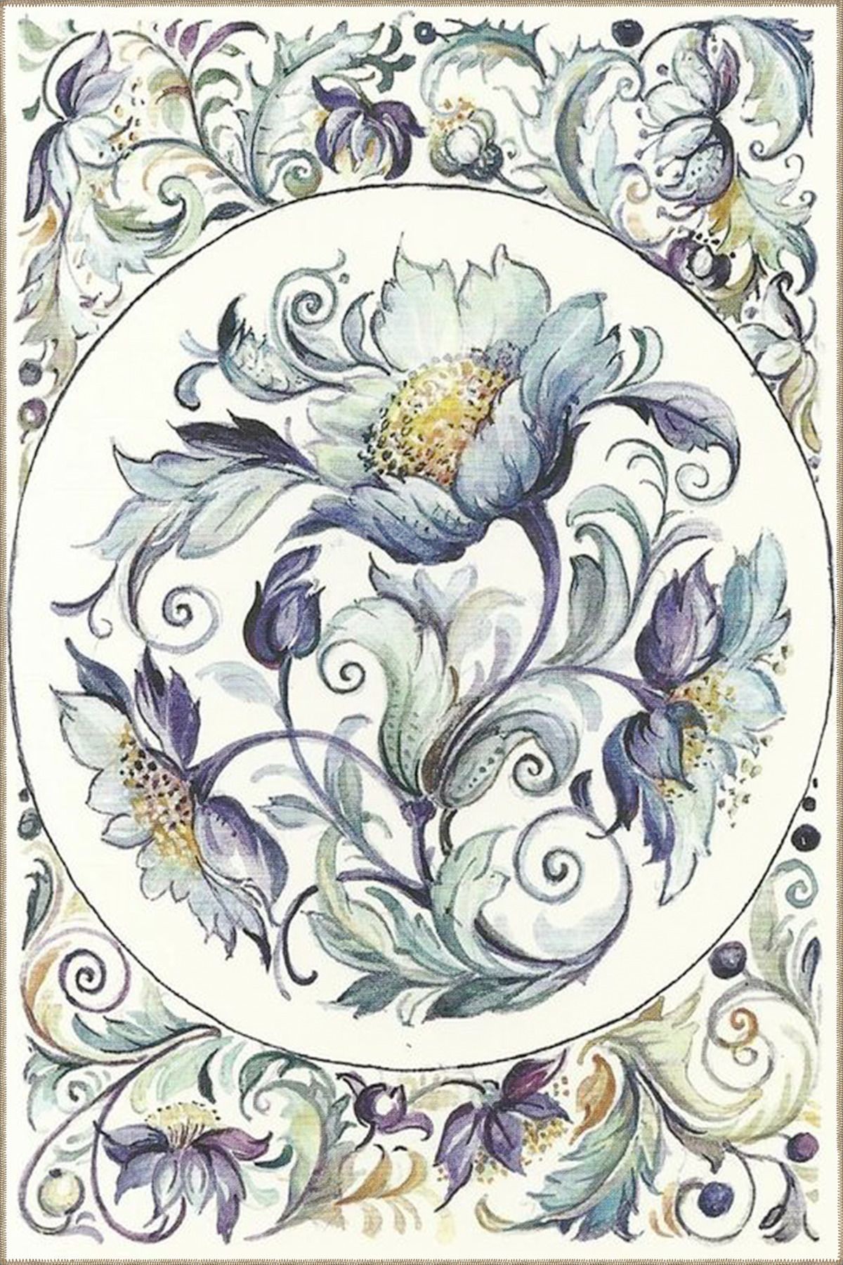 Krem Tonlarında Güllü Mavi Modern Dekoratif Halı miravip283