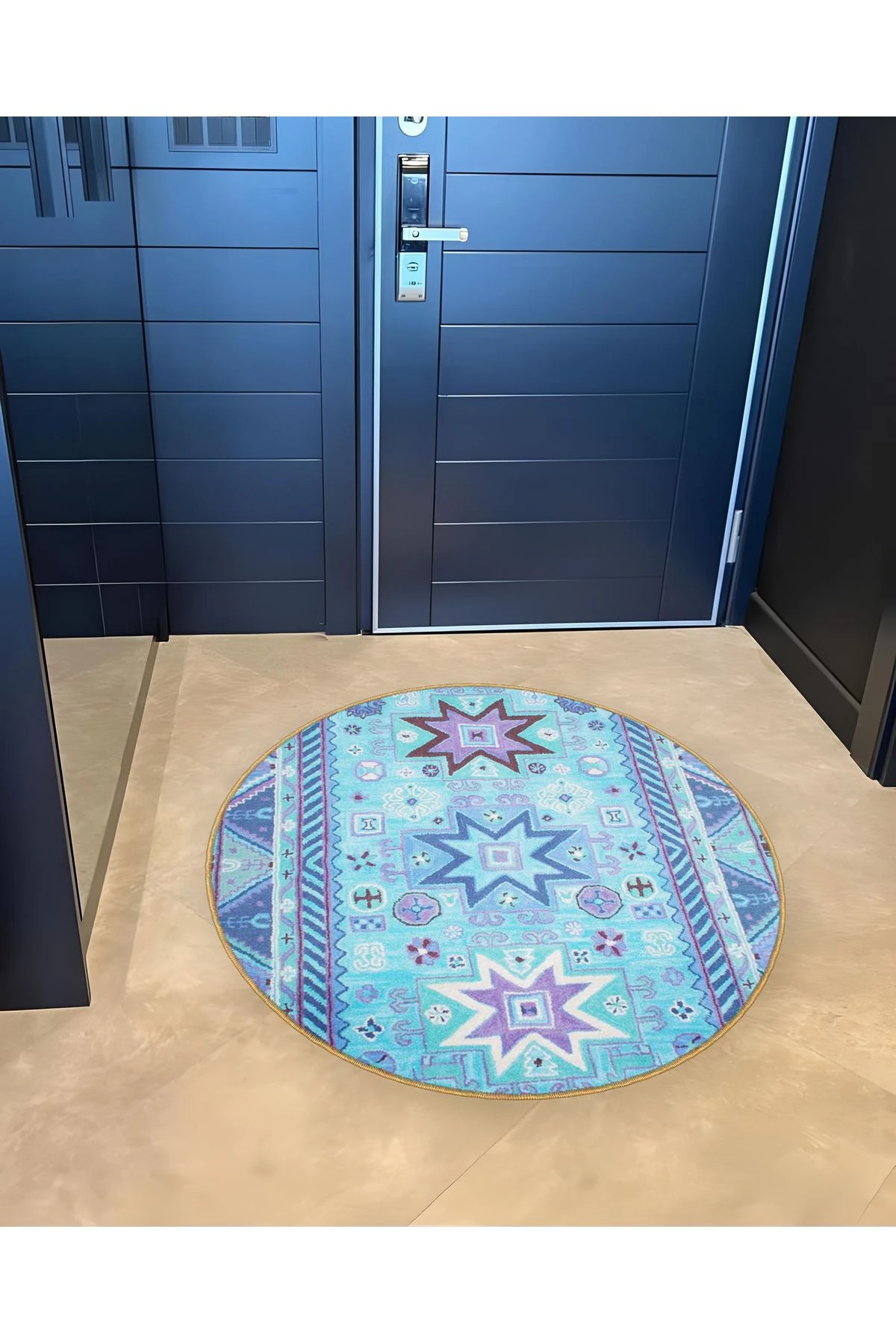 Mira Yuvarlak Turkuaz Mor Tonlarda Etnik Desen Detaylı Dokuma Taban Modern Dekoratif Halı 5607