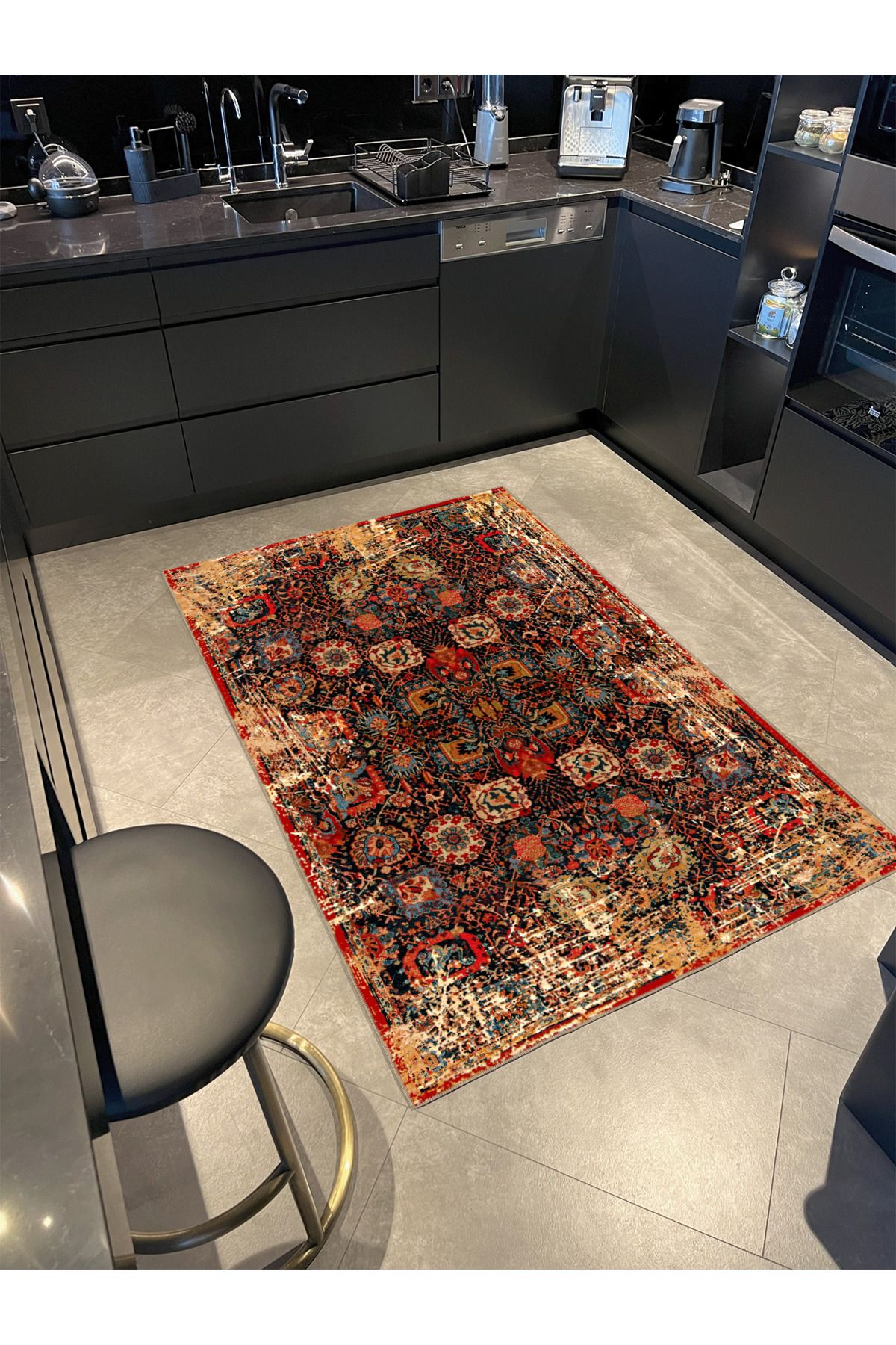 Turuncu ve Karışık Renkli Çiçekli Floral Geometrik Modern Dekoratif Halı miravip206