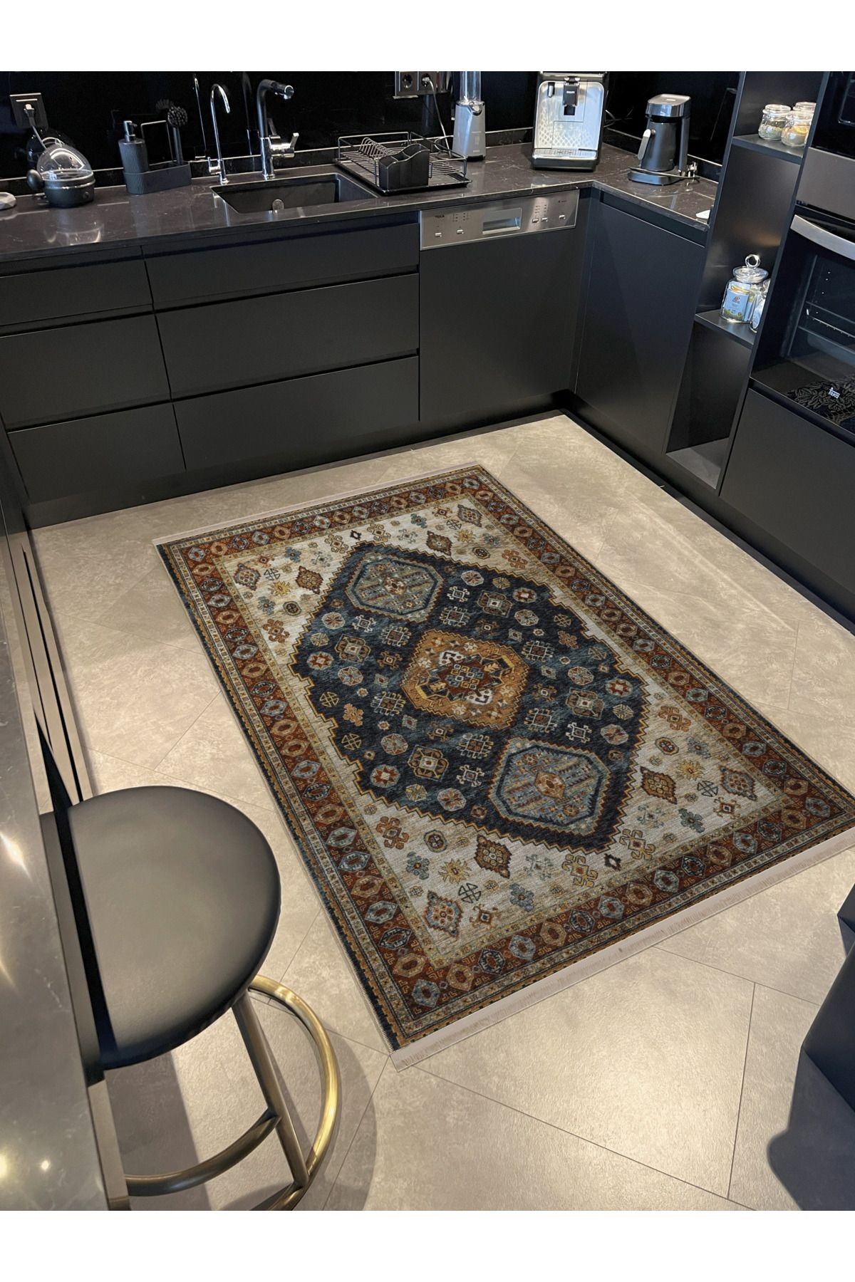 Koyu Mavi Sarı Temalı Geleneksel Motif Desenli Kreatif Vintage Dekoratif Halı 2864