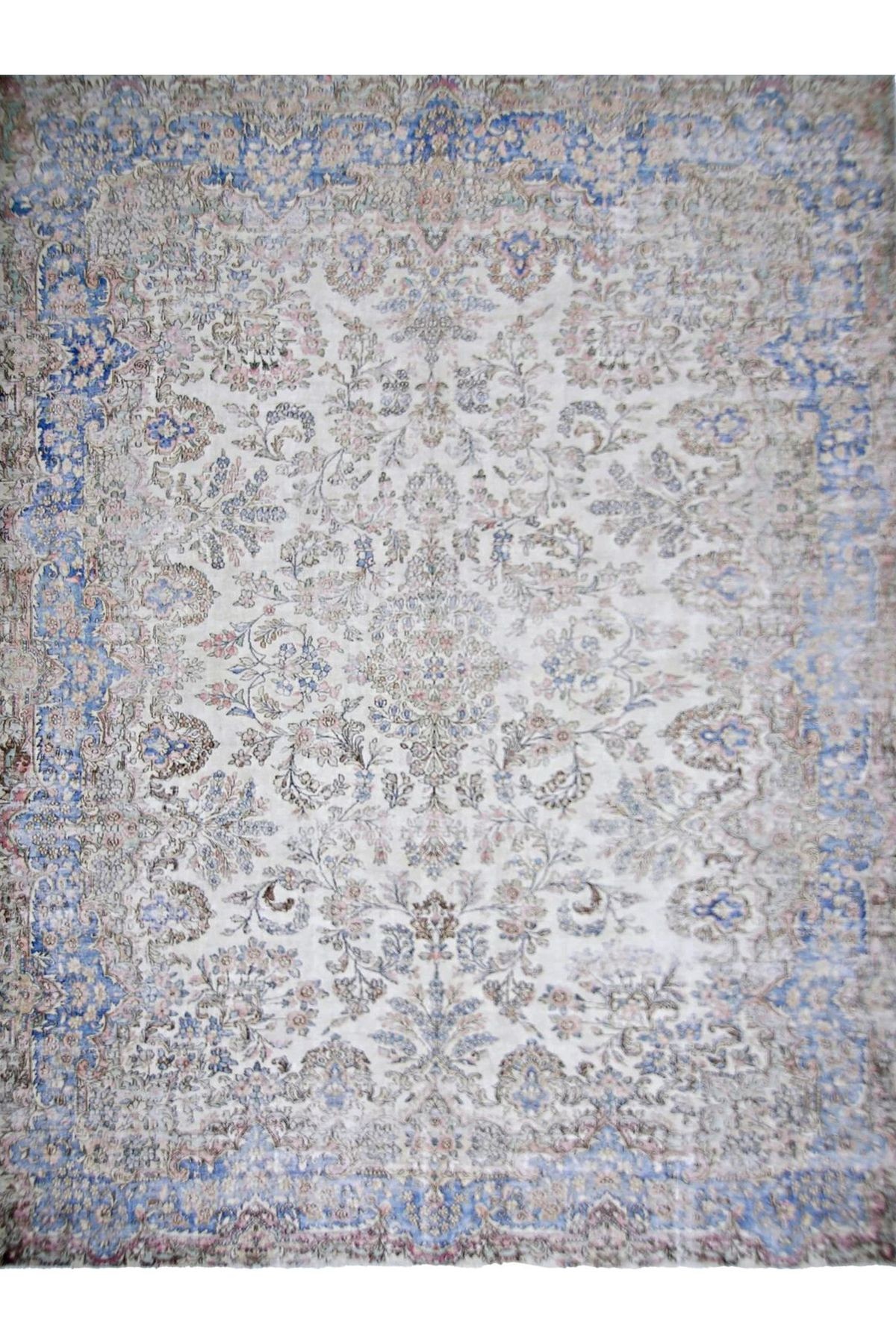 Asena Koleksiyonu Gri Mavi Temalı Geleneksel Motif ve Çiçek Desenli Vintage Dekoratif Halı 07