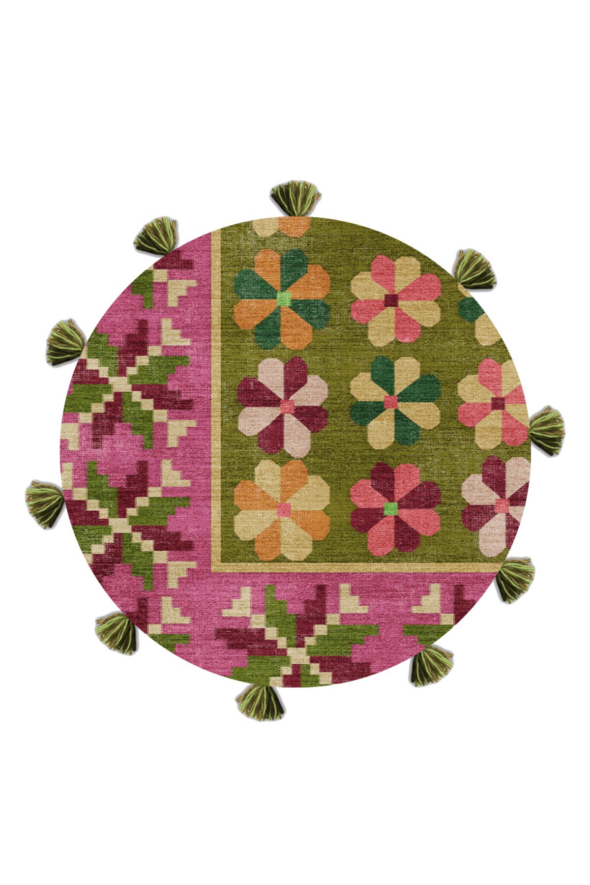 Mor Yeşil Temalı Karışık Şekil Desenli Kreatif Modern Dokuma Taban Yuvarlak Dekoratif Halı 2266