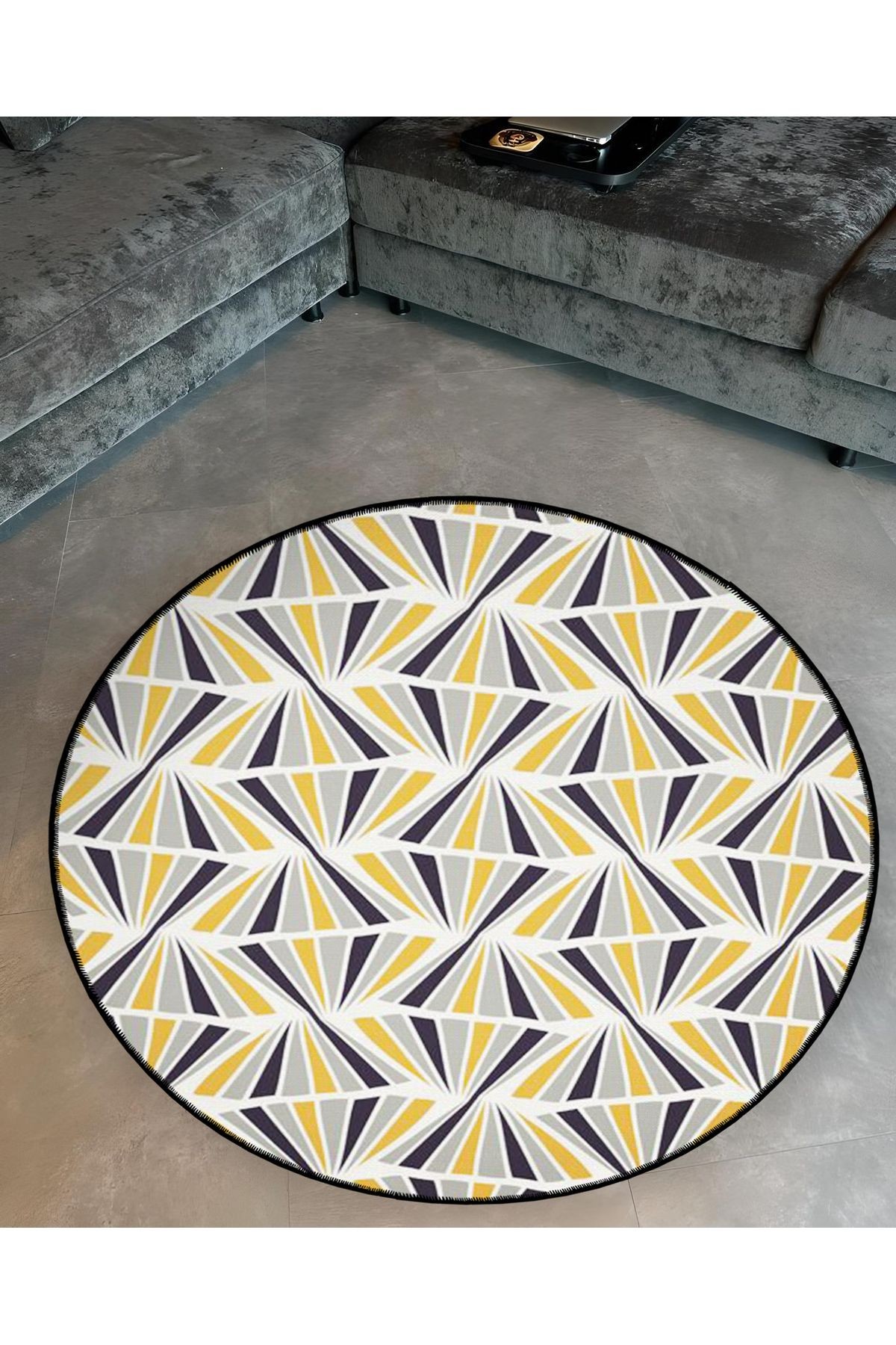 Sarı Gri Tema Geometrik Desenli Yuvarlak Dokuma Taban Modern Dekoratif Halı 6089