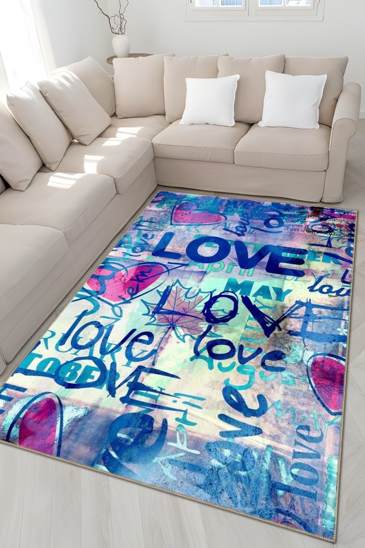 Mavi Tonlar Retro Tasarım Love Yazılı ve Kalp Desenli Modern Dekoratif Halı 4953