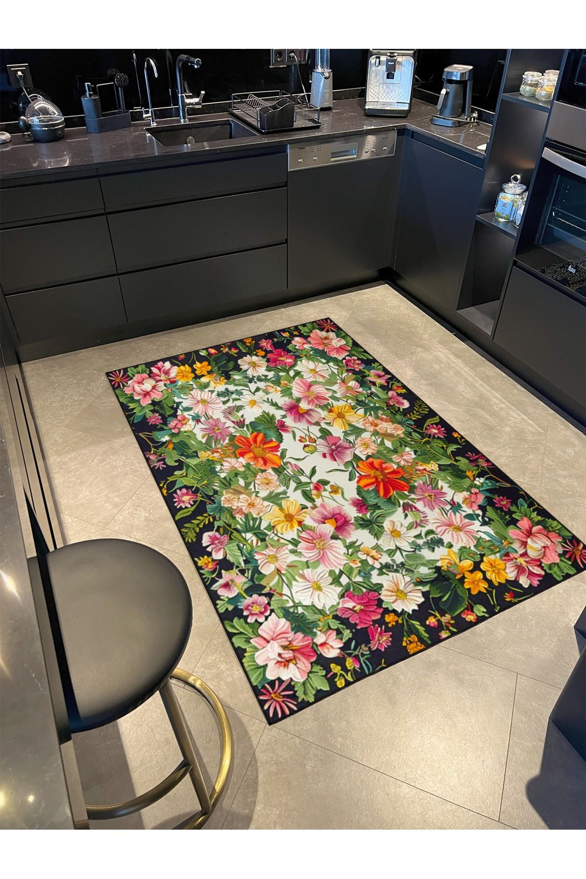 Paris Koleksiyonu Yeşil Tema Çok Renkli Floral Çiçek Motifleri Desenli Vintage Dekoratif Halı 130