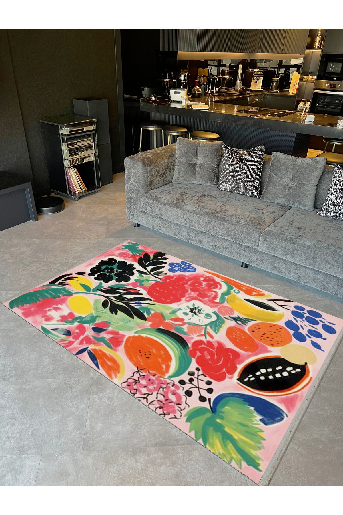 Yılmaz Koleksiyonu Çok Renkli Karışık Meyveler ve Bitkiler Desenli Modern Dekoratif Halı 17