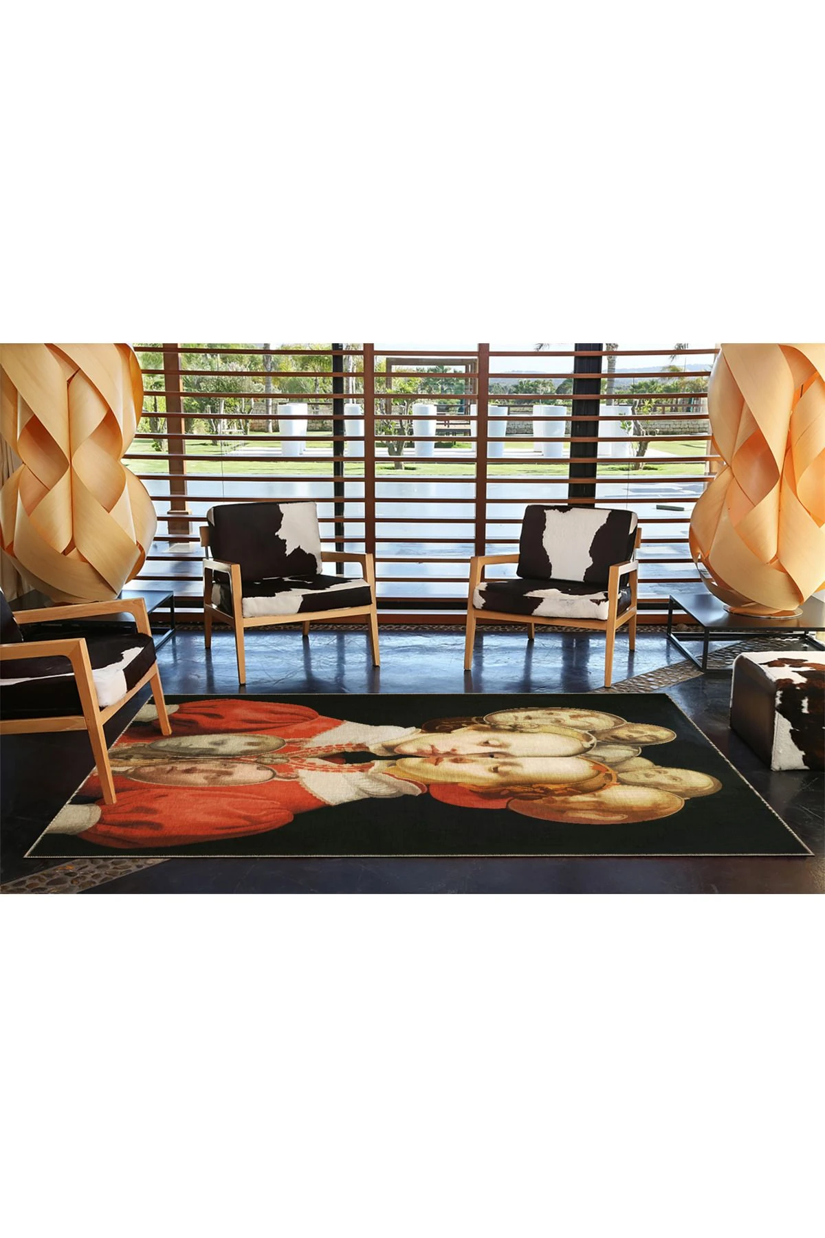 Siyah Temalı Sürrealist Tasarım Portre Desenli Modern Dekoratif Halı 3504