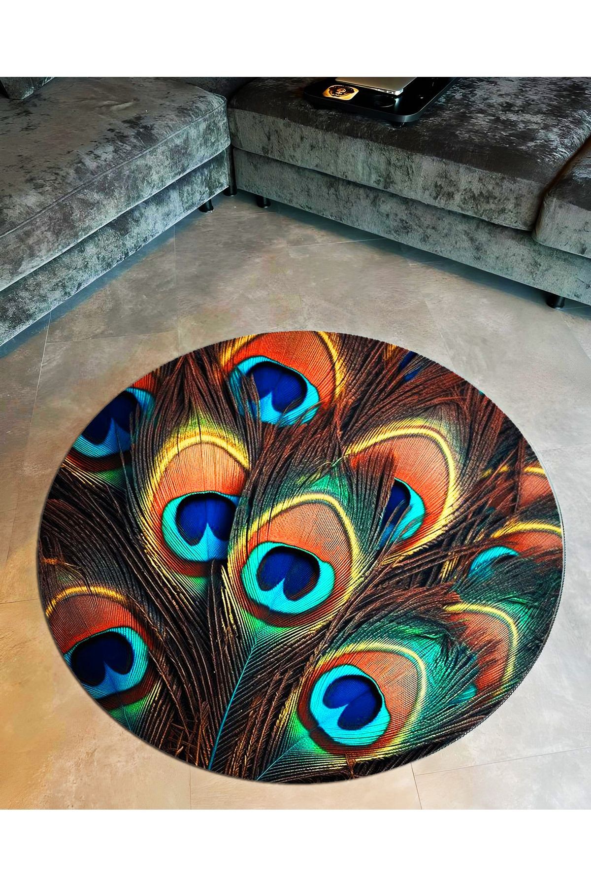 Semih Koleksiyonu Çok Renkli Tavus Kuşu Tüyleri Desenli Dokuma Taban Modern Dekoratif Halı 12