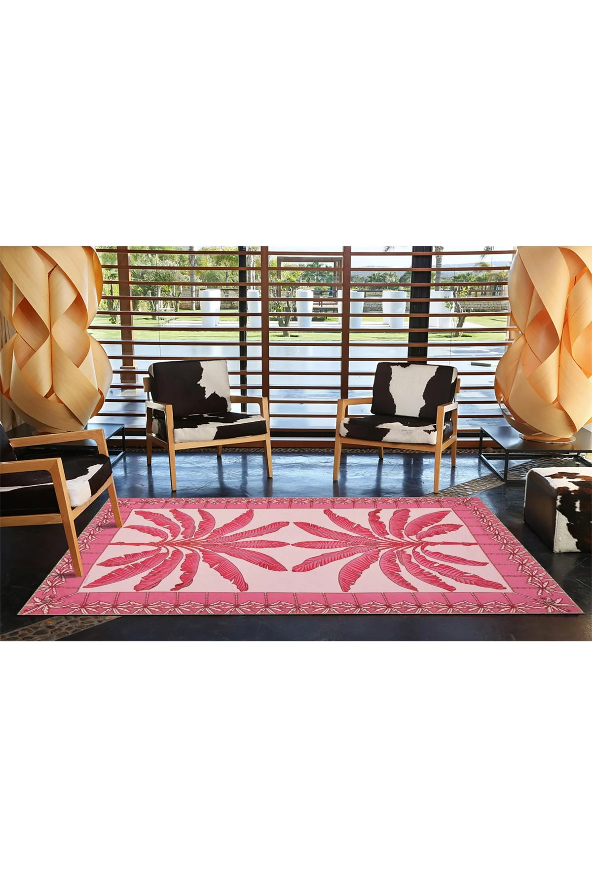 Pembe Renk Temalı Yaprak Desen Dokuma Taban Halı 3725