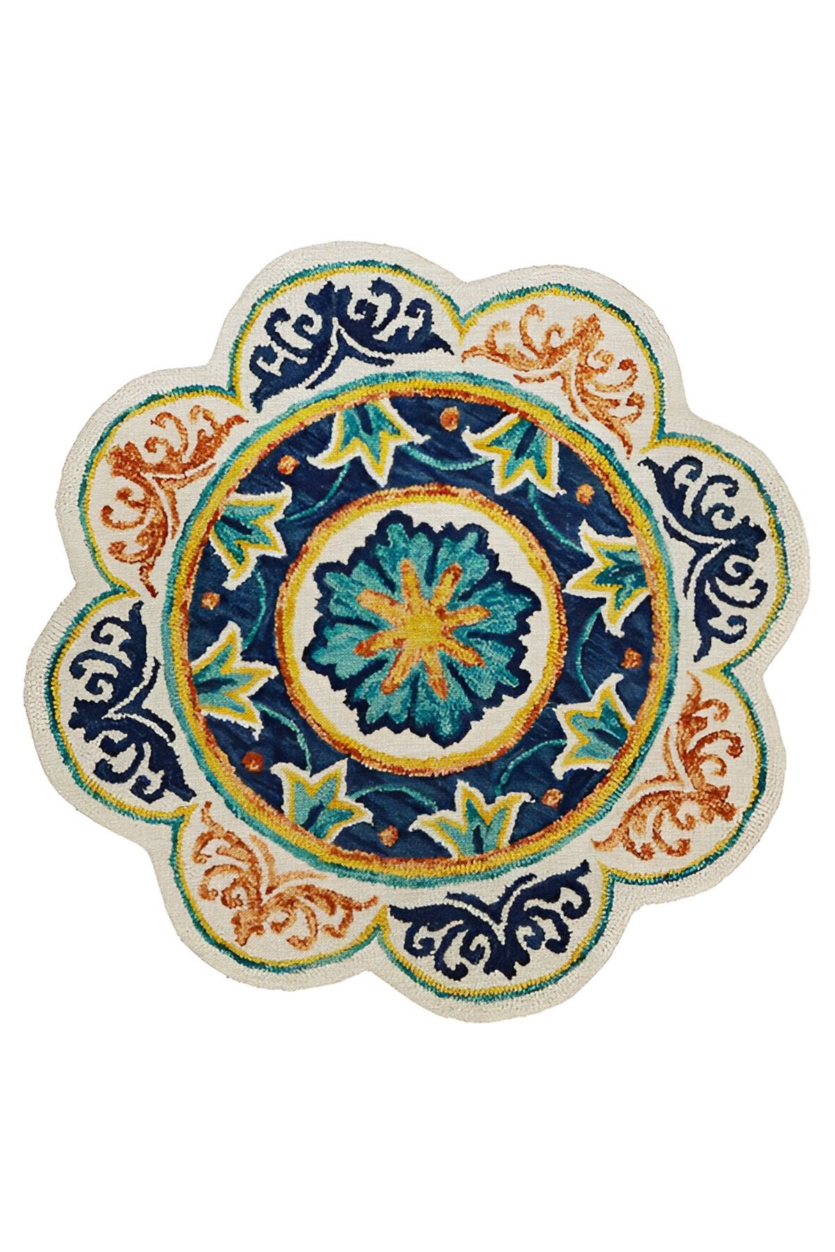 Lacivert Temalı Çok Renkli Geleneksel Motif Çiçek Desenli Dokuma Taban Yuvarlak Dekoratif Halı 2096