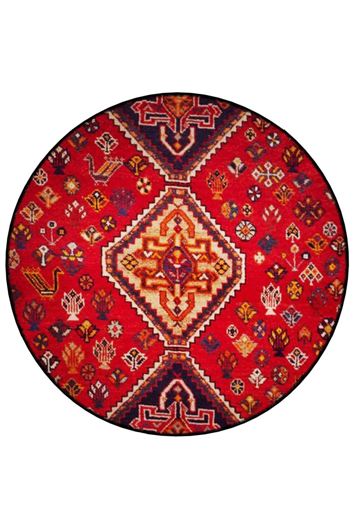Kırmızı Temalı Etnik Motif Geleneksel Desenli Yuvarlak Dokuma Taban Vintage Dekoratif Halı 6228