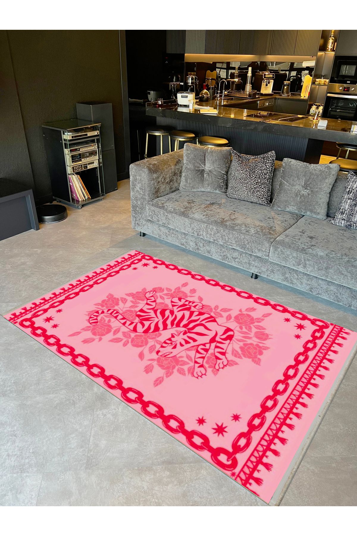 Yılmaz Koleksiyonu Pembe Kırmızı Zincir ve Çiçek Detaylı Kaplan Modern Dekoratif Halı yılmaz32