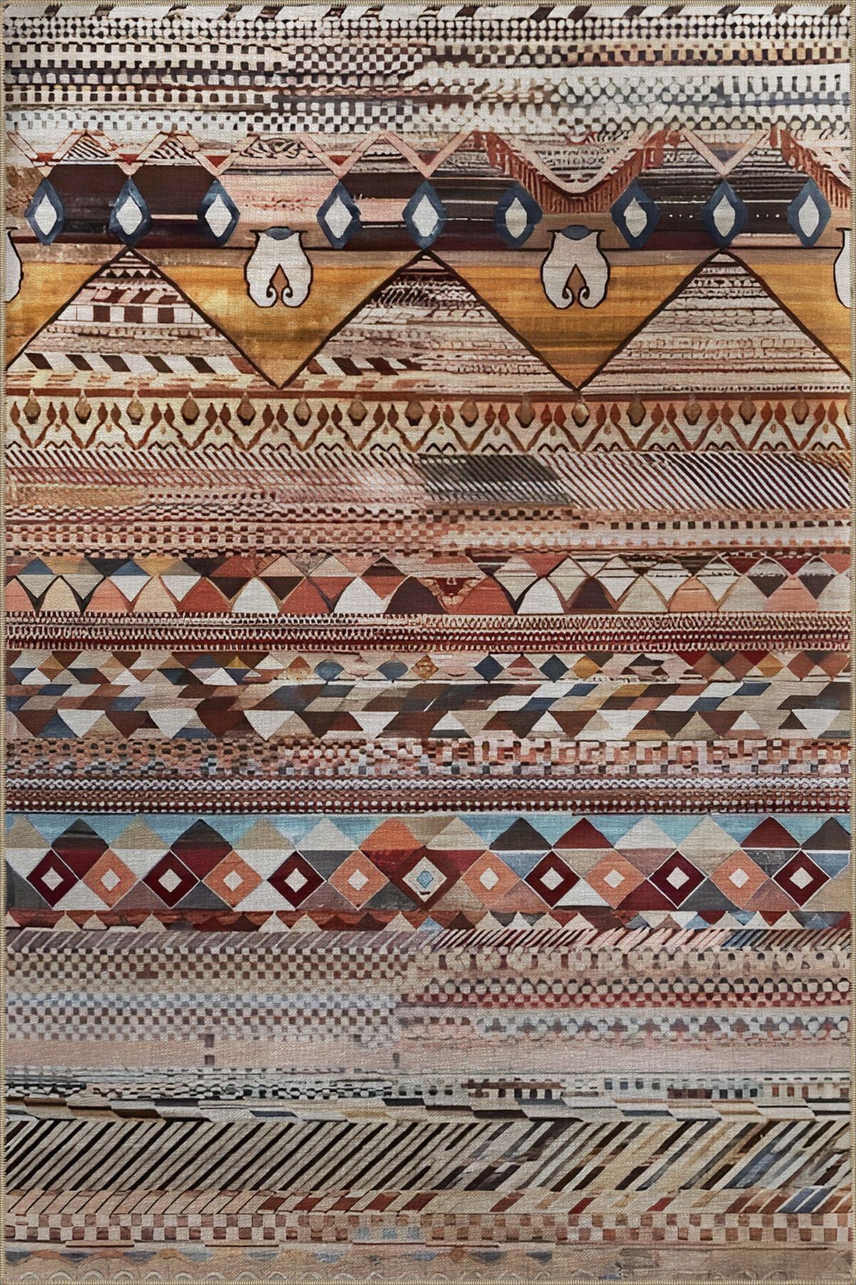 Çok Renkli Şerit Bölme Piramit ve Karma Şekil Desenli Modern Dekoratif Halı 2313