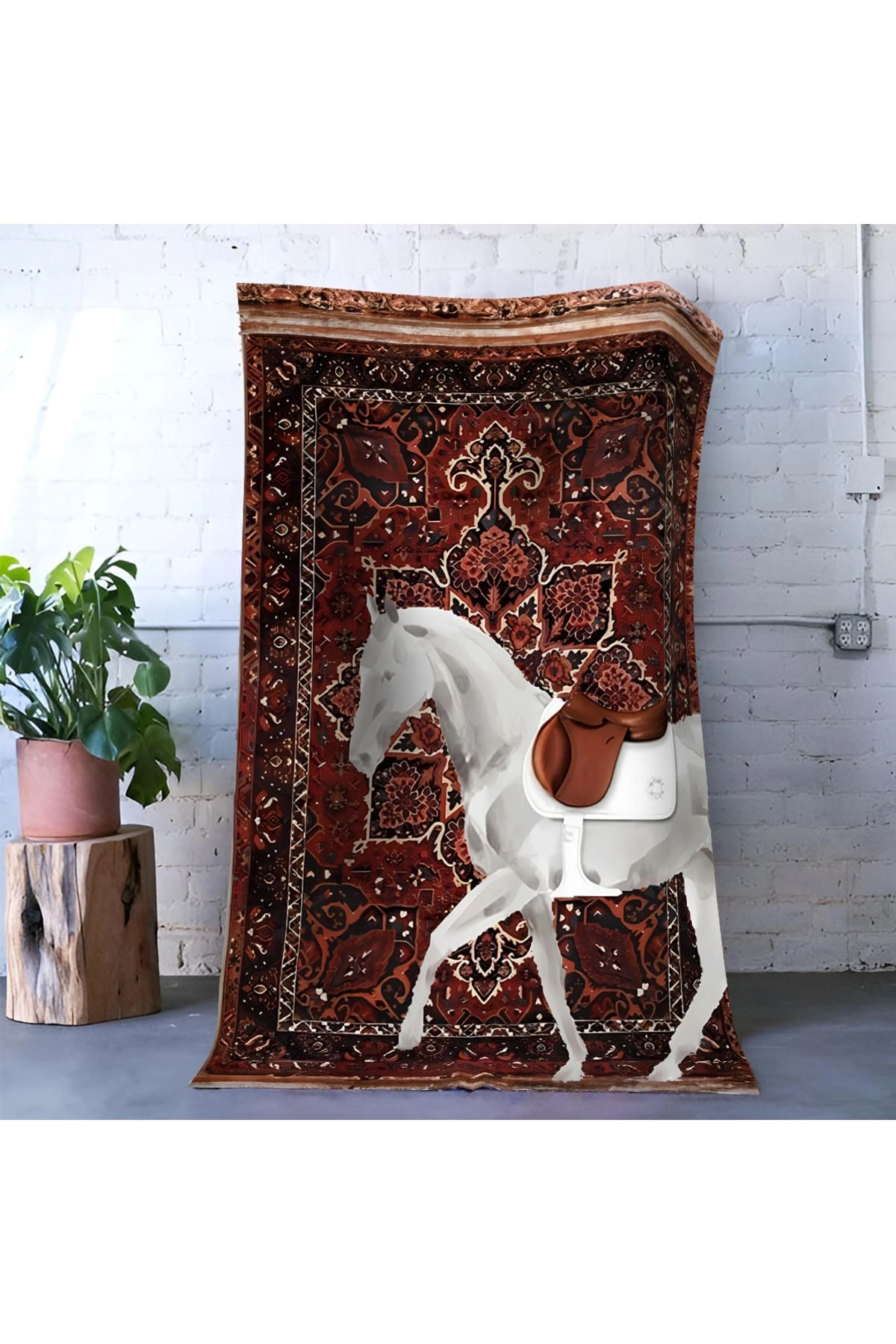 Bordo Temalı At Desenli Geleneksel Motifli Vintage Dekoratif Halı 1672