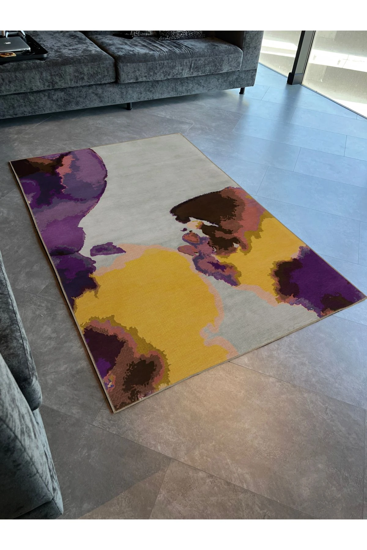 Sarı Mor Temalı Soyut Desenli Kreatif Modern Dekoratif Halı 1994