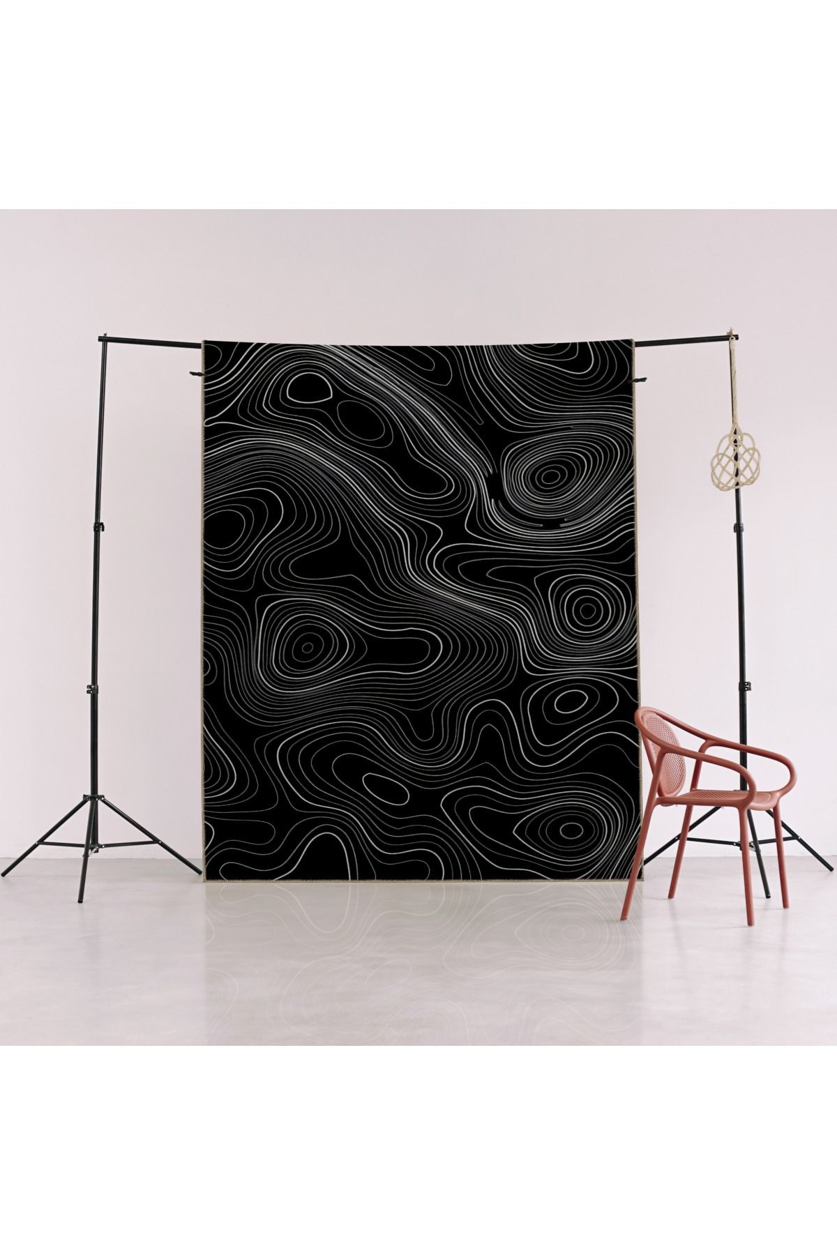 Siyah Temalı Sürrealist Soyut Dalgalı Spiral Desenli Modern Dekoratif Halı 2371
