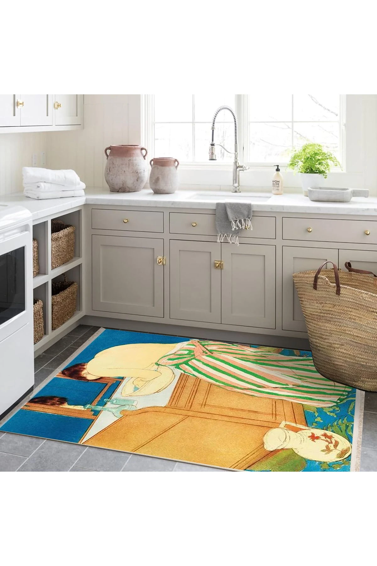 Yılmaz Koleksiyonu Pastel Renkler Sanatsal Kadın Figürü ve Banyo Desenli Modern Dekoratif Halı 03