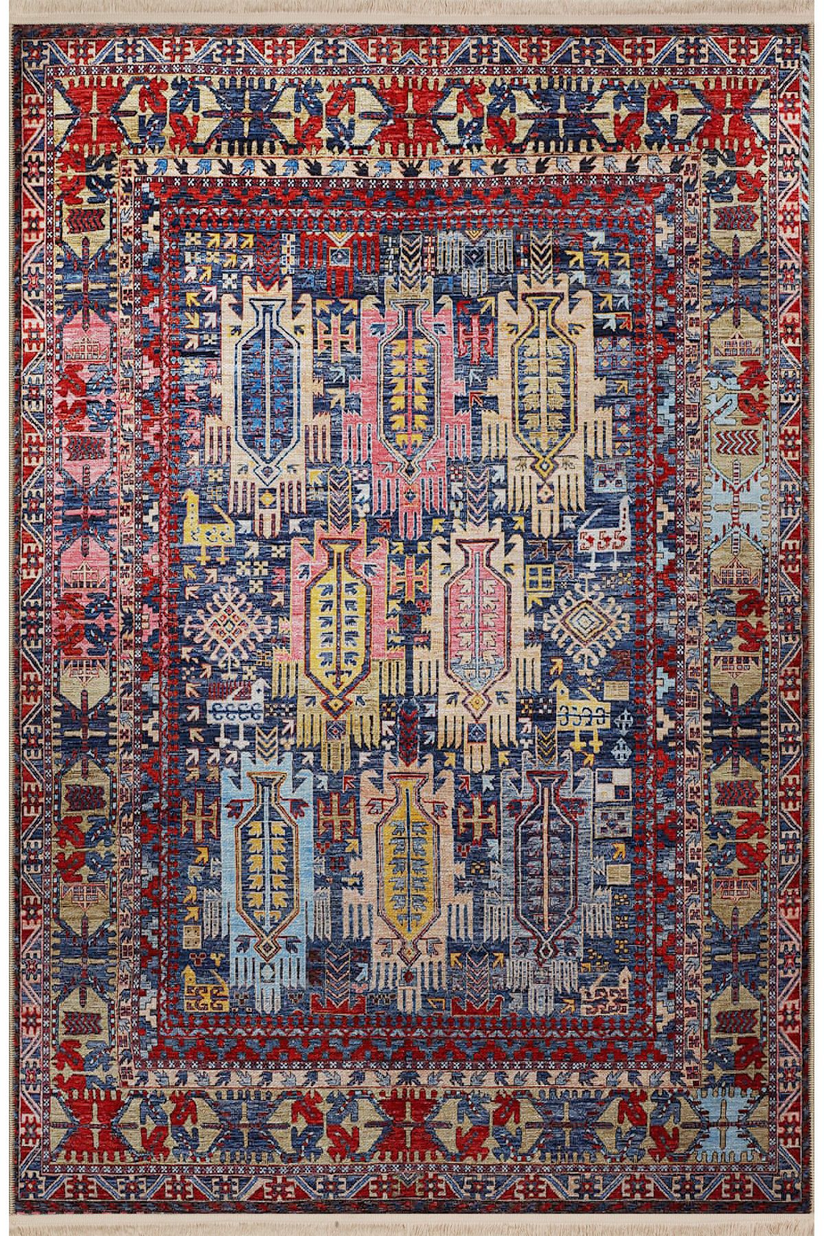 Bordo Temalı Çok Renkli Geleneksel Motif Etnik Desenli Vintage Dekoratif Halı 2629