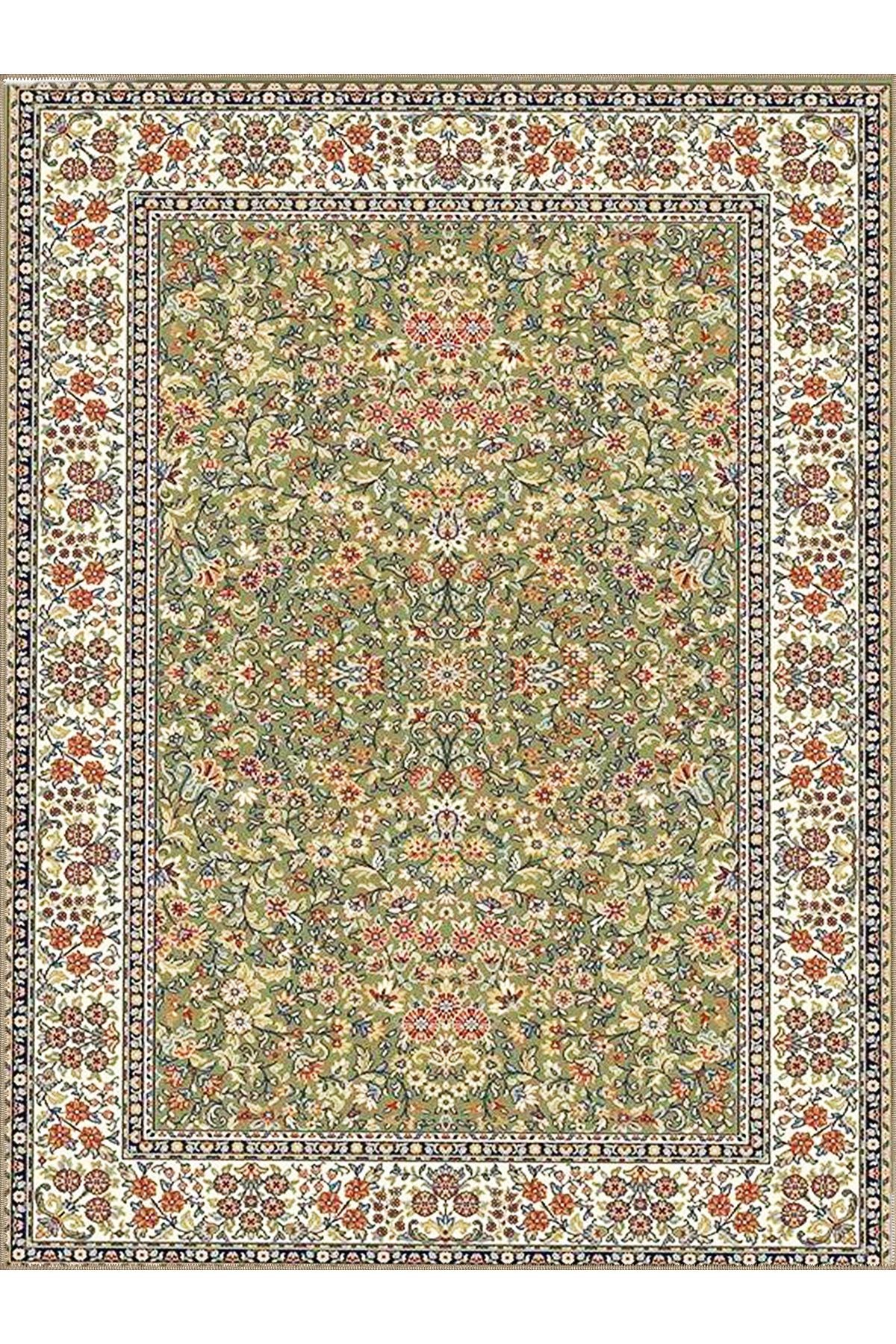 İnci Koleksiyonu Yeşil Temalı Çiçek Desenli Dokuma Taban Modern Dekoratif Halı inci73