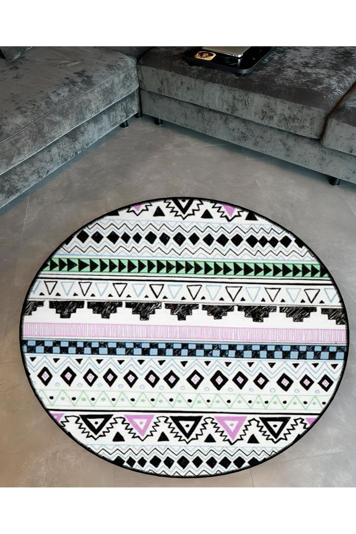 Mira Yuvarlak Çok Renkli Siyah Etnik Detaylı Dokuma Taban Modern Dekoratif Halı 5611