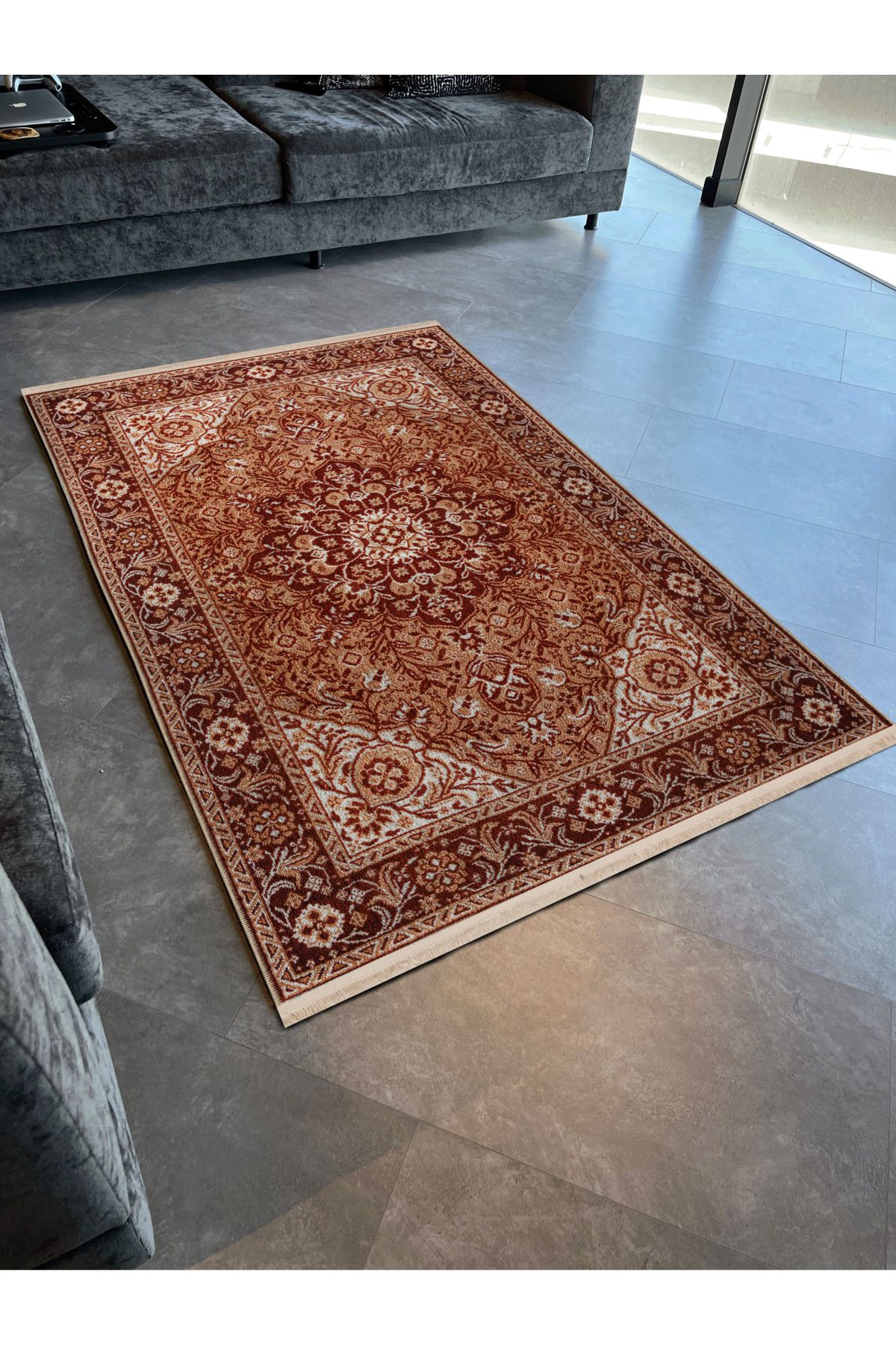 Bej Kahve Temalı Geleneksel Motif Etnik Desenli Vintage Dekoratif Halı 2467