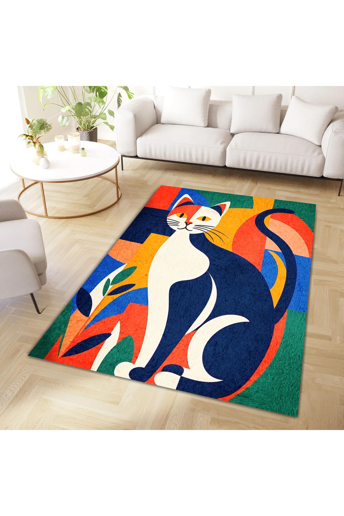 Kuzey Koleksiyonu Çok Renkli Kedi Desenli Dokuma Taban Dekoratif Halı kuzey20