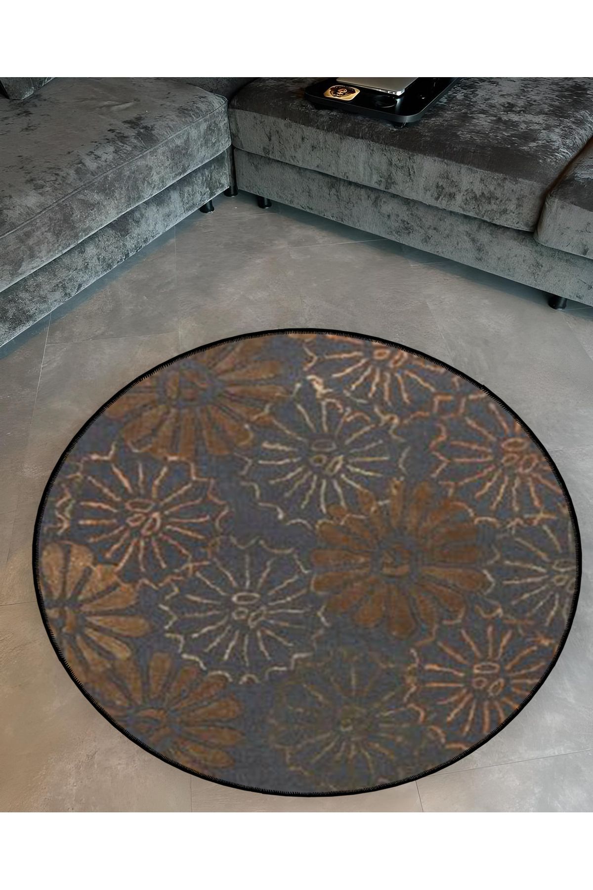 Mira Yuvarlak Gri Kahve Çiçek Detaylı Dokuma Taban Modern Dekoratif Halı 5570