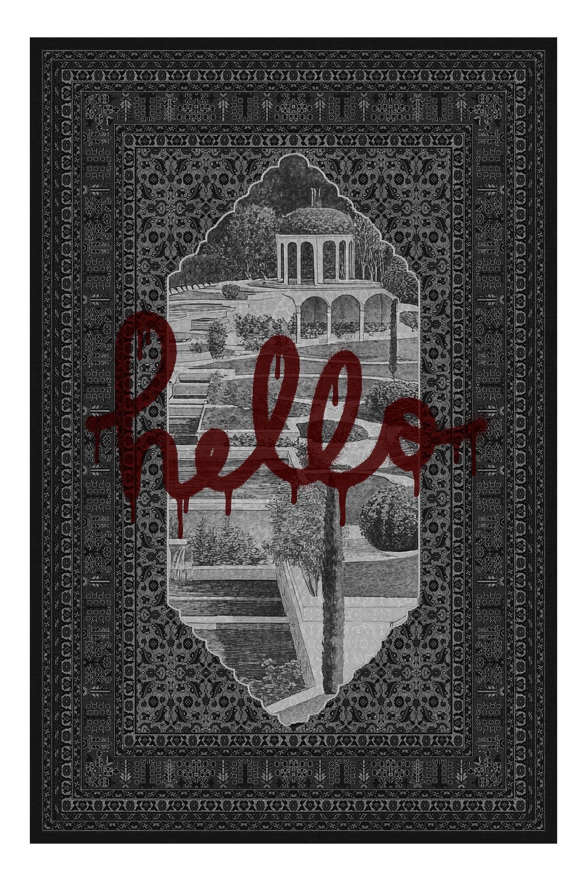 Bliss Siyah Bordo Yazılı Hello Yazılı Vintage Etnik Dokuma Taban Dekoratif Salon Halısı 903