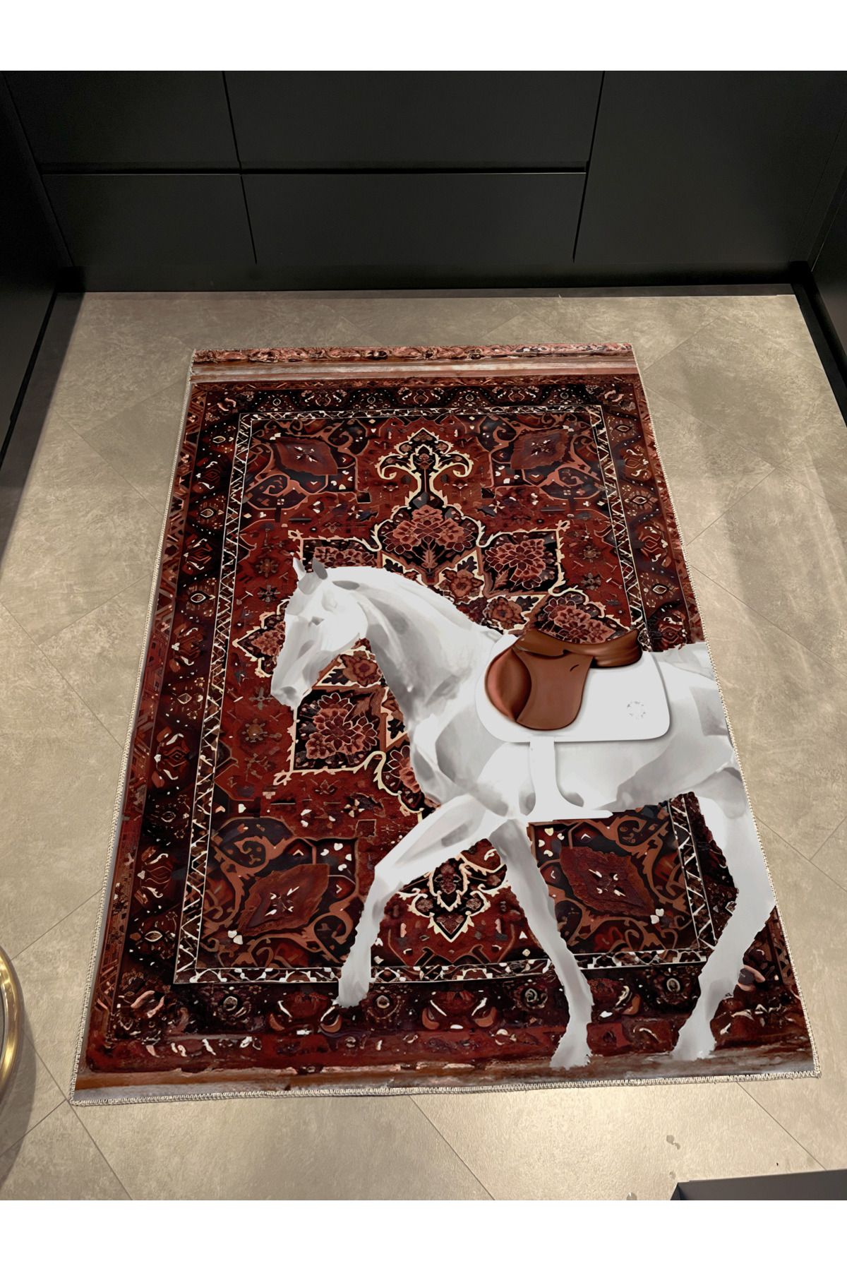 Bordo Temalı At Desenli Geleneksel Motifli Vintage Dekoratif Halı 1672