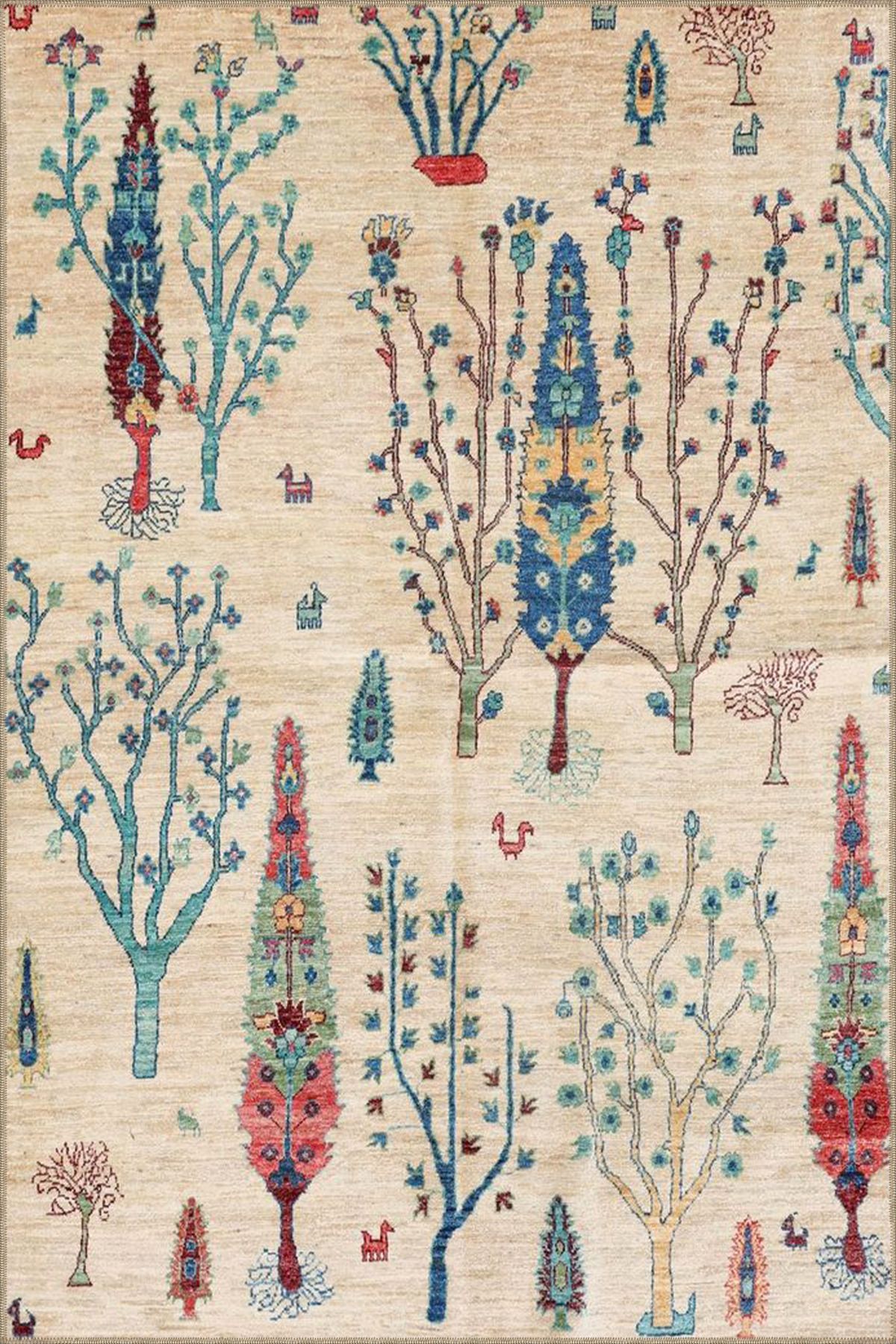 Krem Ağaçlı Desenli Dokuma Taban Halı ve Yıkanabilir Halı miravip10254