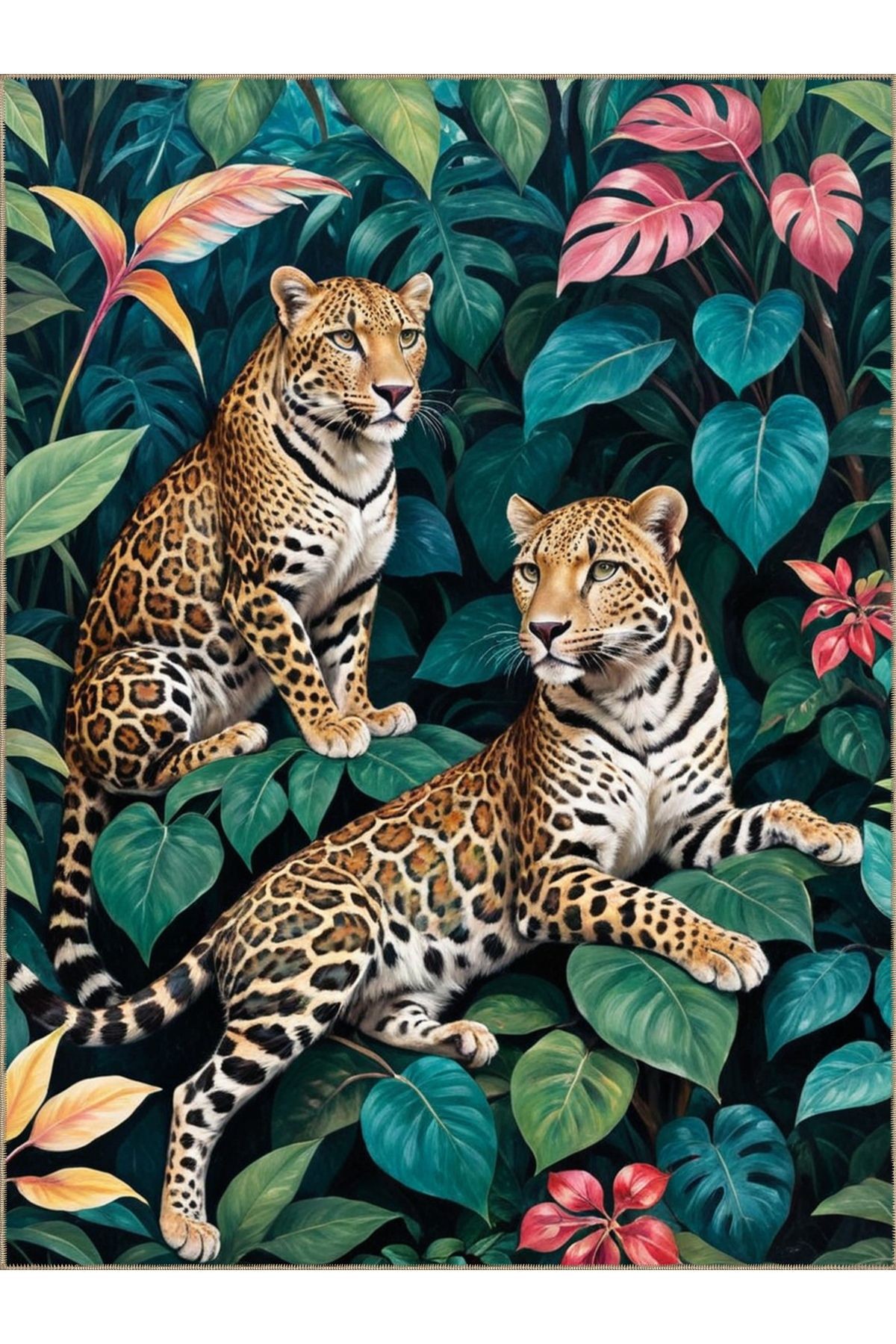 Semih Koleksiyonu Ağaç Yapraklarının Arasındaki Leopar Desenli Dokuma Taban Modern Dekoratif Halı 19