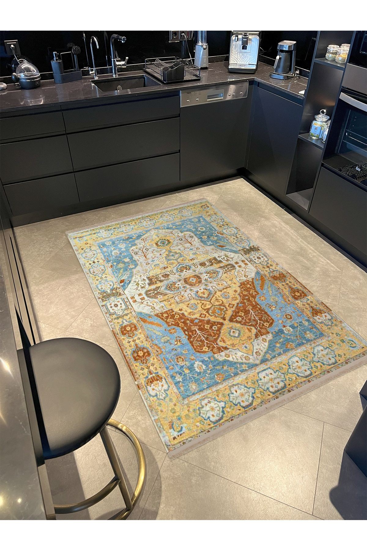 Barcelona Koleksiyonu Bej Mavi Temalı Geleneksel Motif Desenli Vintage Dekoratif Halı 19