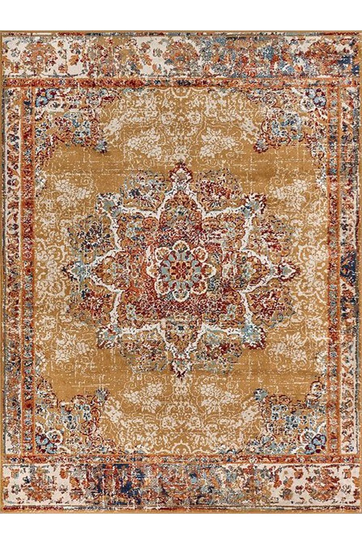 Kuzey Koleksiyonu Turuncu Kahve Tonlarda Eskitme Görünümlü Etnik Dokuma Taban Dekoratif Halı kuzey11