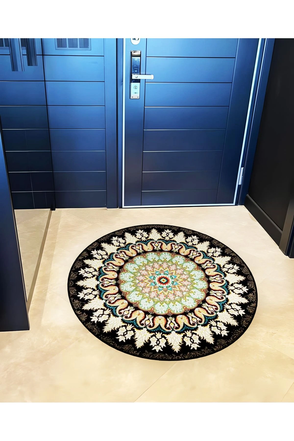 Mira Yuvarlak Siyah Yeşil Antik Desen Detaylı Dokuma Taban Modern Dekoratif Halı 5672