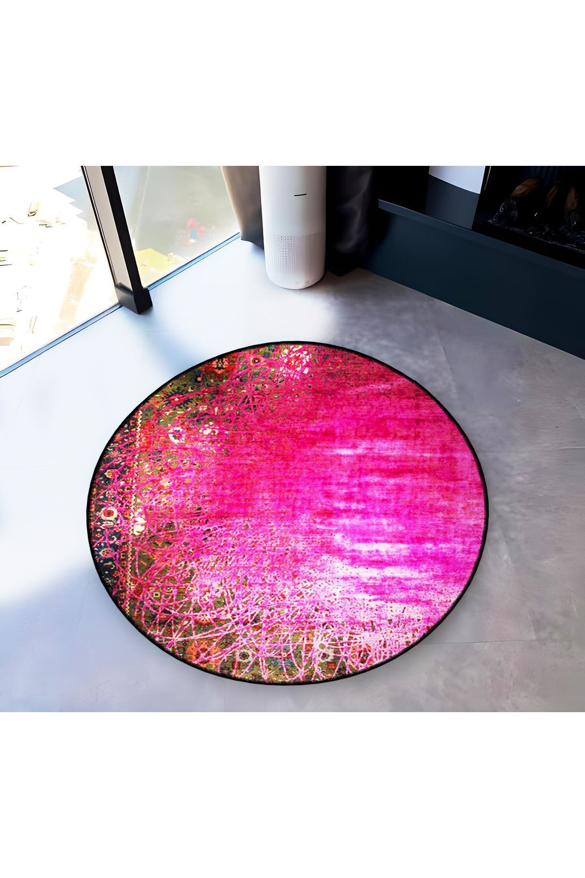 Mira Yuvarlak Antik Zeminde Pembe Çizgiler Detaylı Dokuma Taban Modern Dekoratif Halı 5698