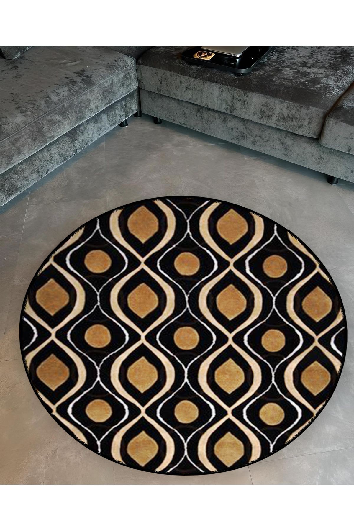 Siyah Bej Tema Etnik Motif Desenli Yuvarlak Dokuma Taban Vintage Dekoratif Halı 6085