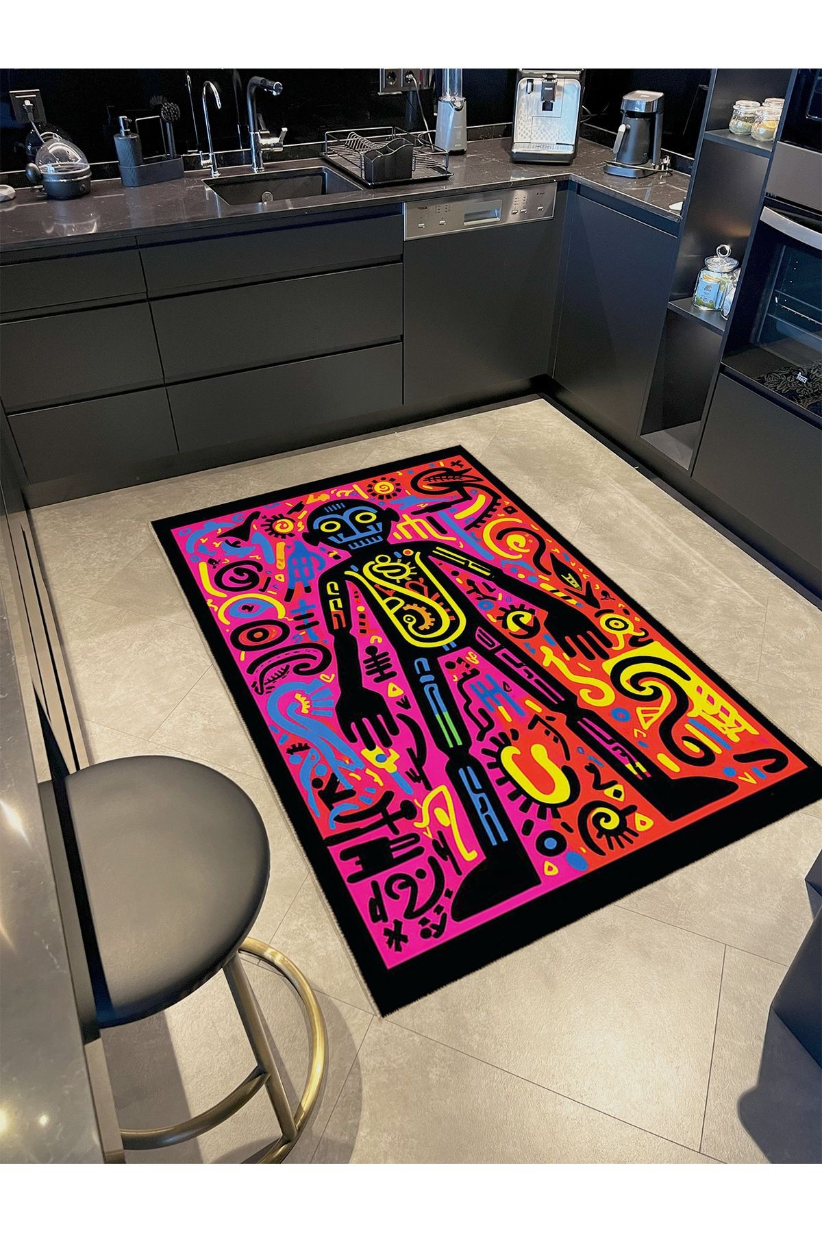 Emre Koleksiyonu Çok Renkli İnsan Figürü ve Şekiller Desenli Dokuma Taban Modern Dekoratif Halı 49