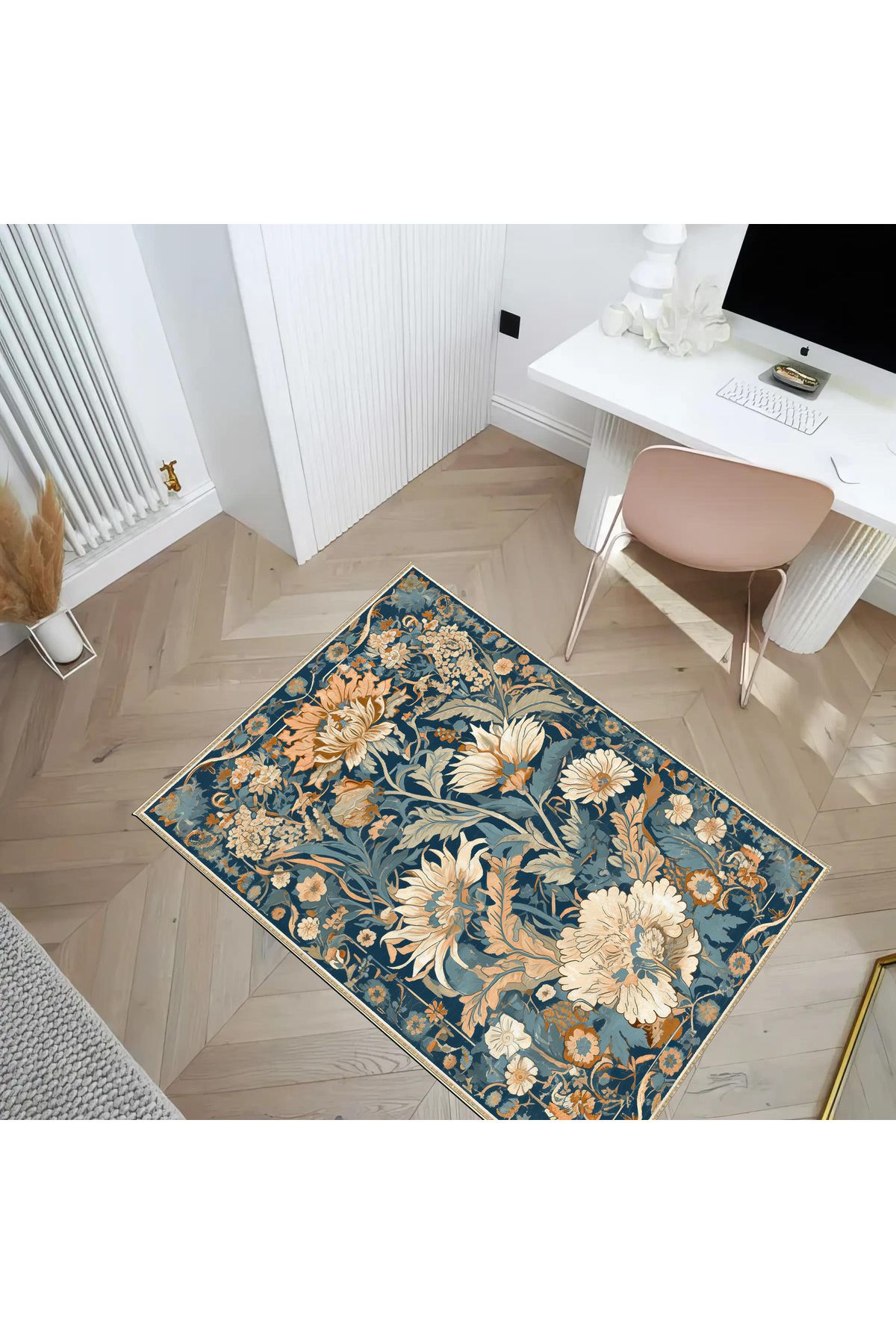 Paris Koleksiyonu Mavi Tonlarda Krem Şakayık Çiçekleri Desenli Modern Dekoratif Halı paris13