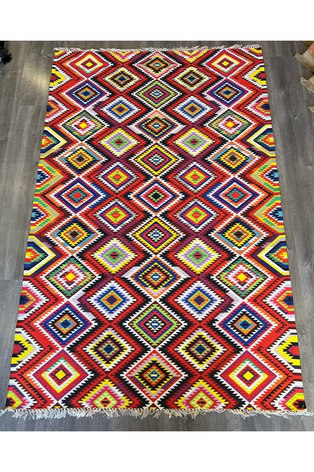 Cotton 549 Etnik Ve Vintage Desenli Çift Taraflı Çok Renkli Kilim