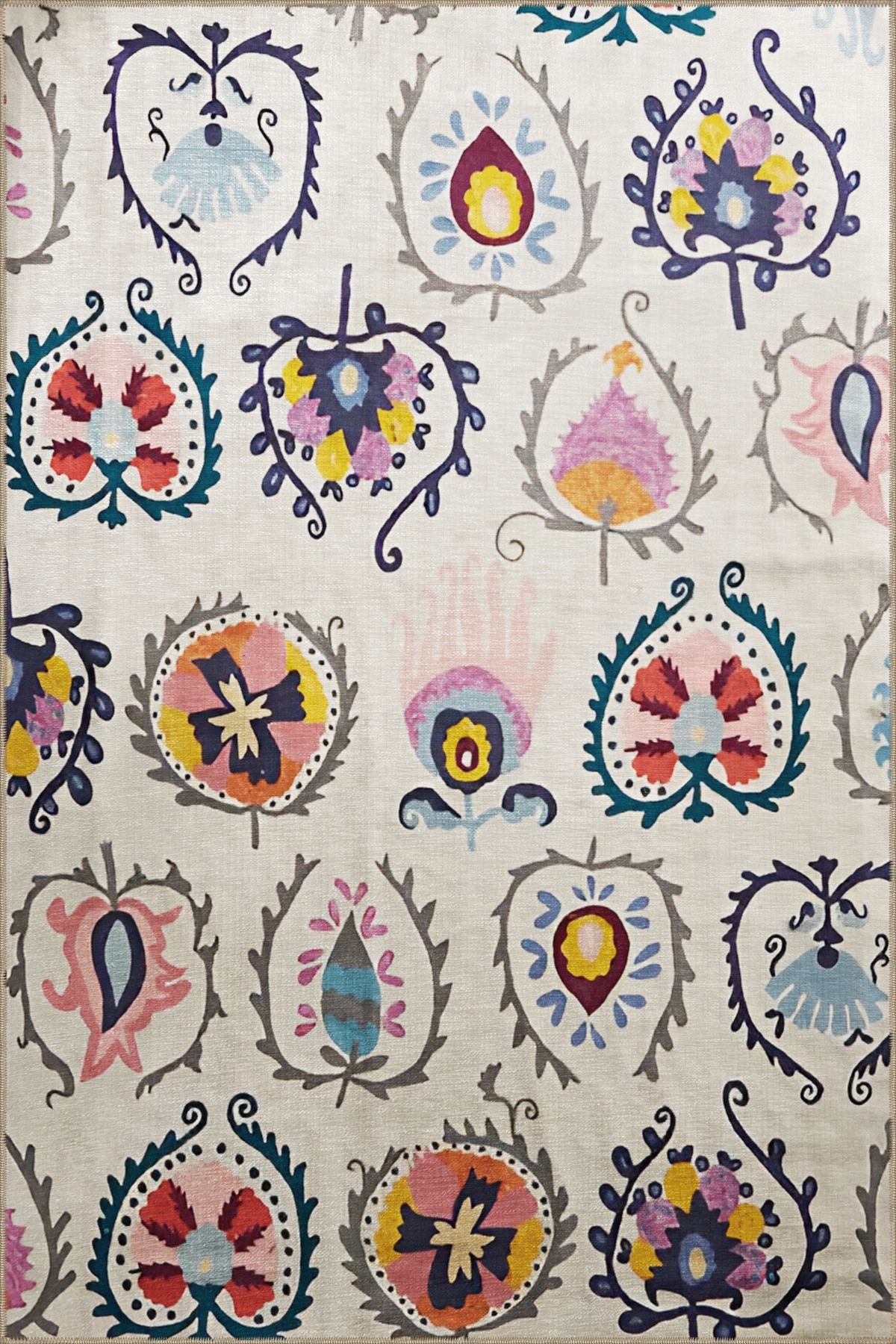 Bej Temalı Çok Renkli Kelebek ve Çiçek Desenli Modern Dekoratif Halı 2119