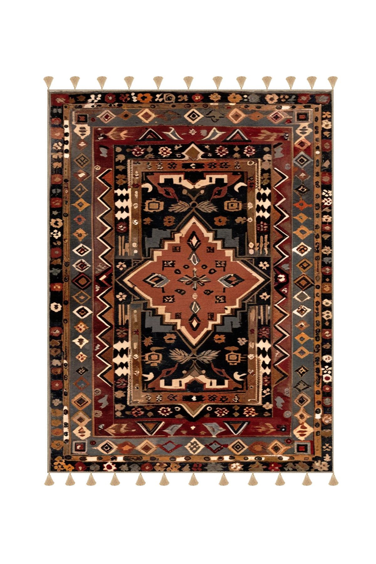 Royal Antik Desenli Püskül Detaylı Dokuma Taban Modern Dekoratif Halı royal47