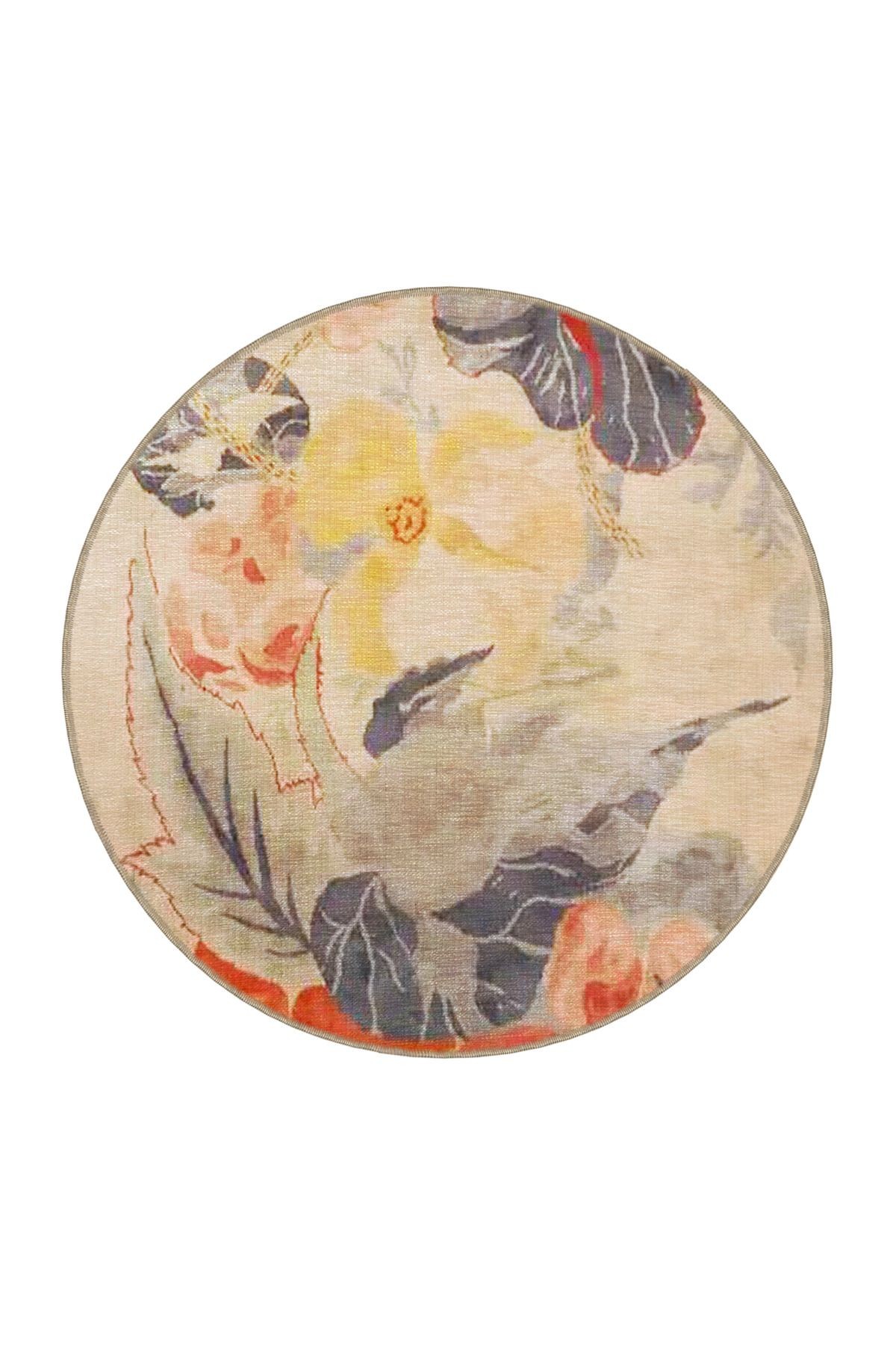 Bej Temalı Soyut Tasarım Floral Çiçek Desenli Modern Dekoratif Halı 3491