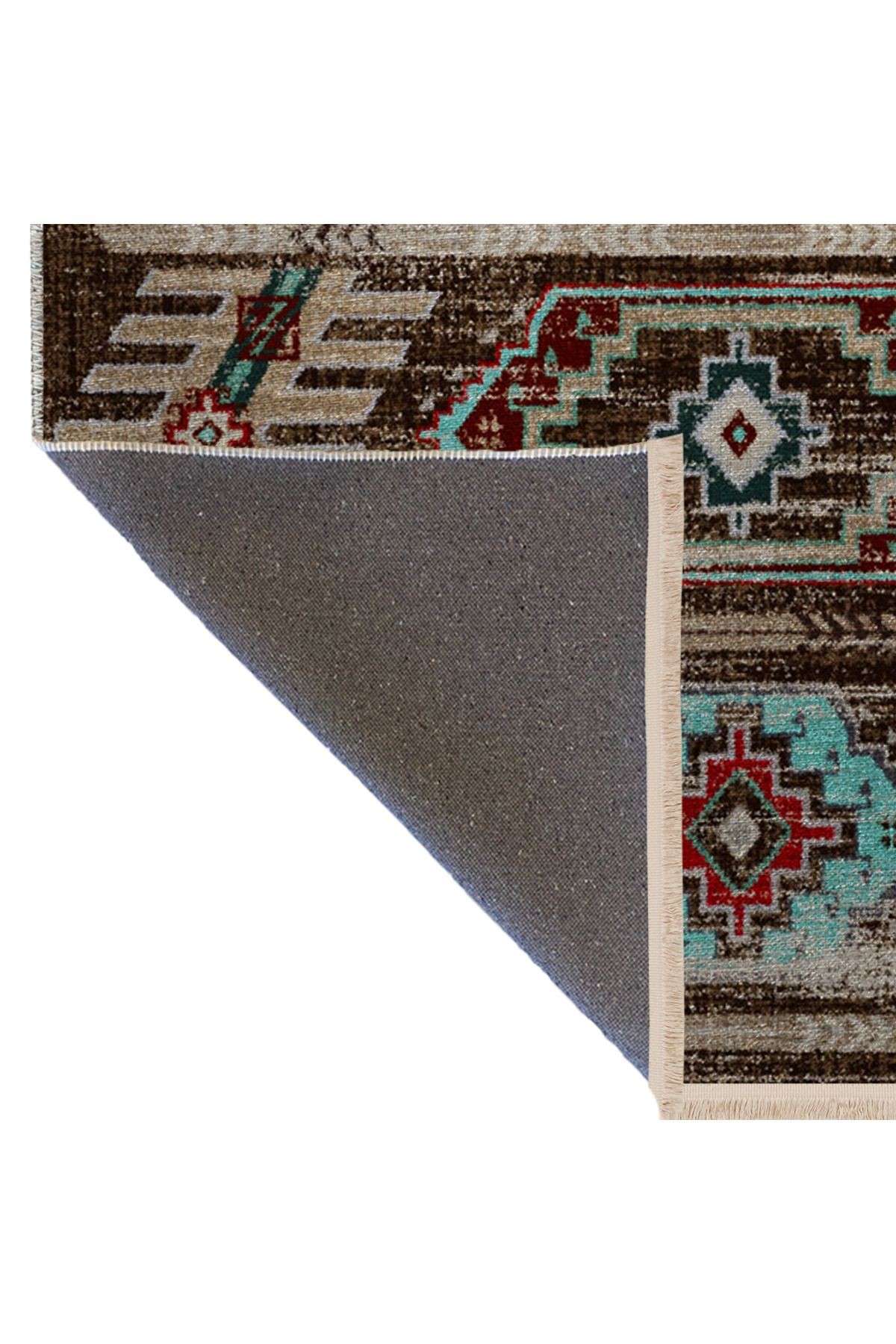 Turkuaz Kahve Temalı Geleneksel Motif Desenli Saçaklı Vintage Dekoratif Halı 3084