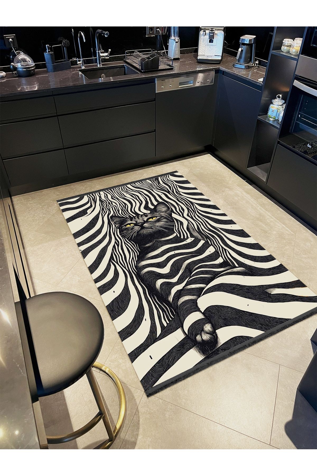 Efe Koleksiyonu Zebra Çizgiler Detaylı Asil Kedi Desenli Dokuma Taban Modern Dekoratif Halı 11